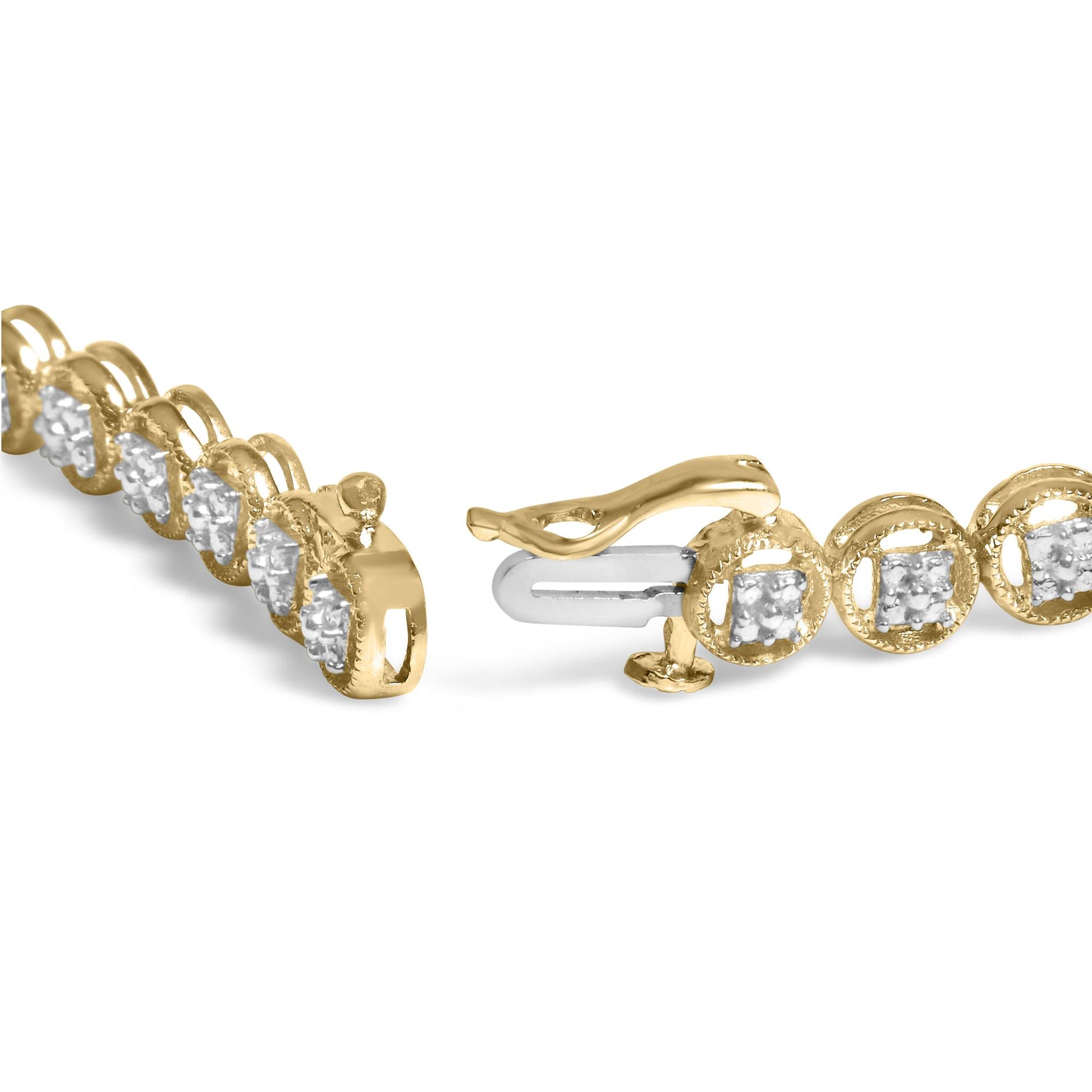 Close-up angled view of a yellow metal bracelet featuring round white gemstones in prong settings, showing the clasp detail.