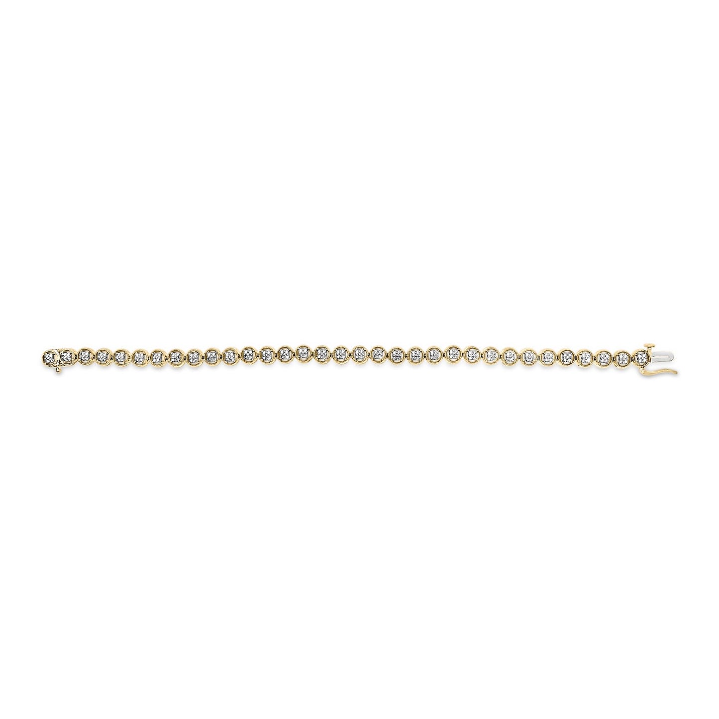 Yellow metal bracelet with round white gemstones in prong settings, shown in a flat lay front view.