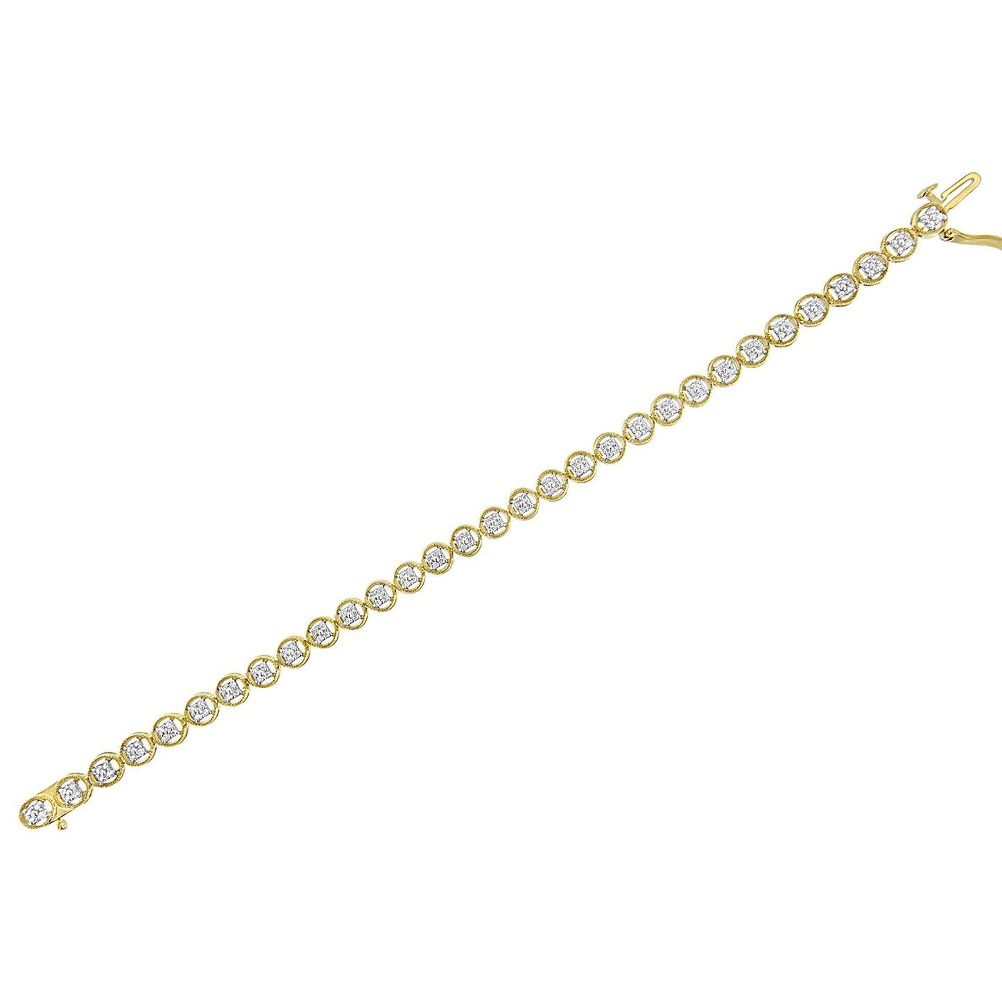 Yellow metal bracelet with round white gemstones in prong settings, shown flat from a diagonal angle.