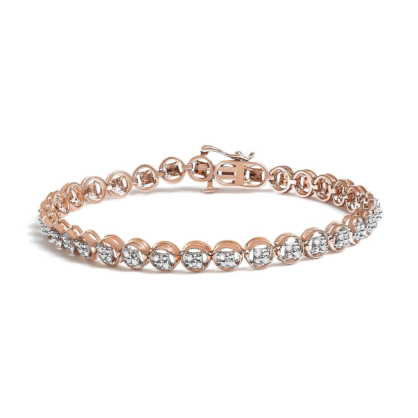 Rose metal bracelet with round white gemstones in prong settings, shown from a front angle.