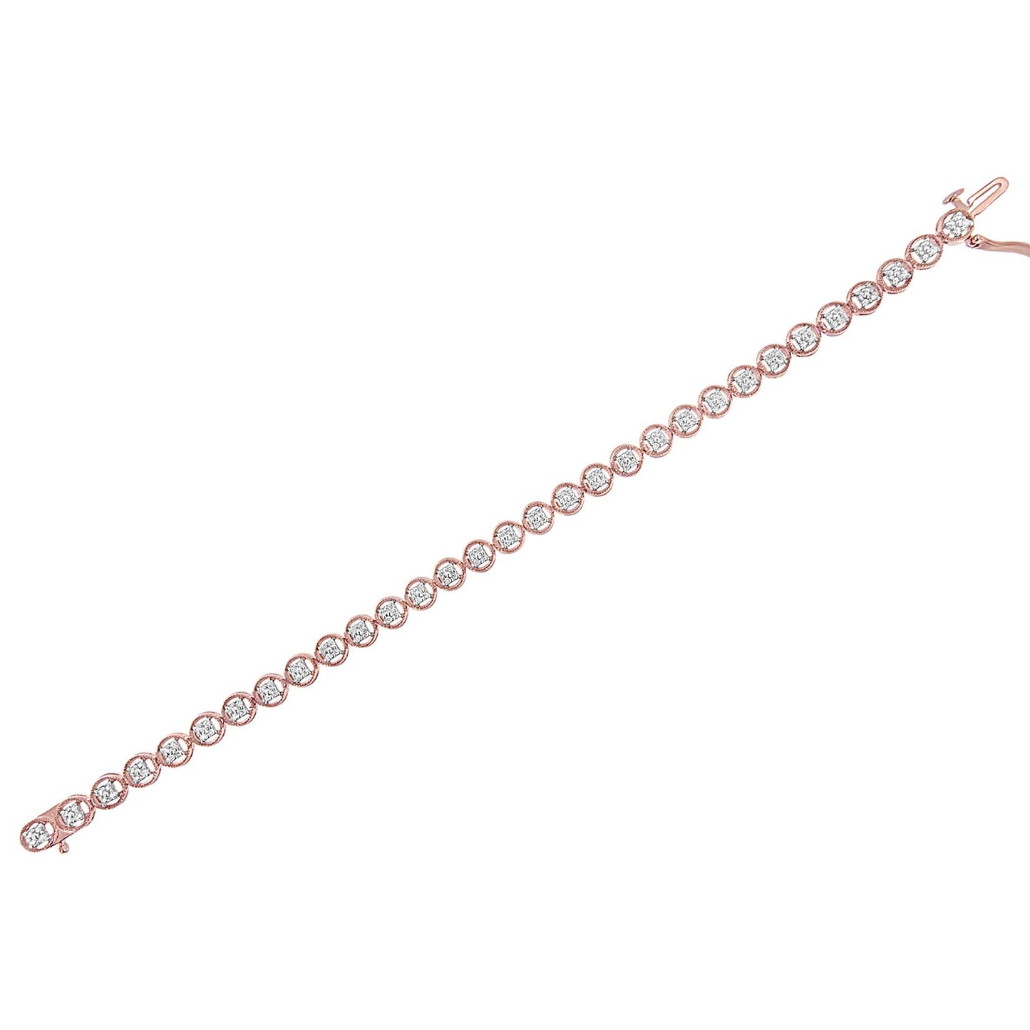 Rose-colored bracelet with round white gemstones in prong settings, shown flat from a top angle.