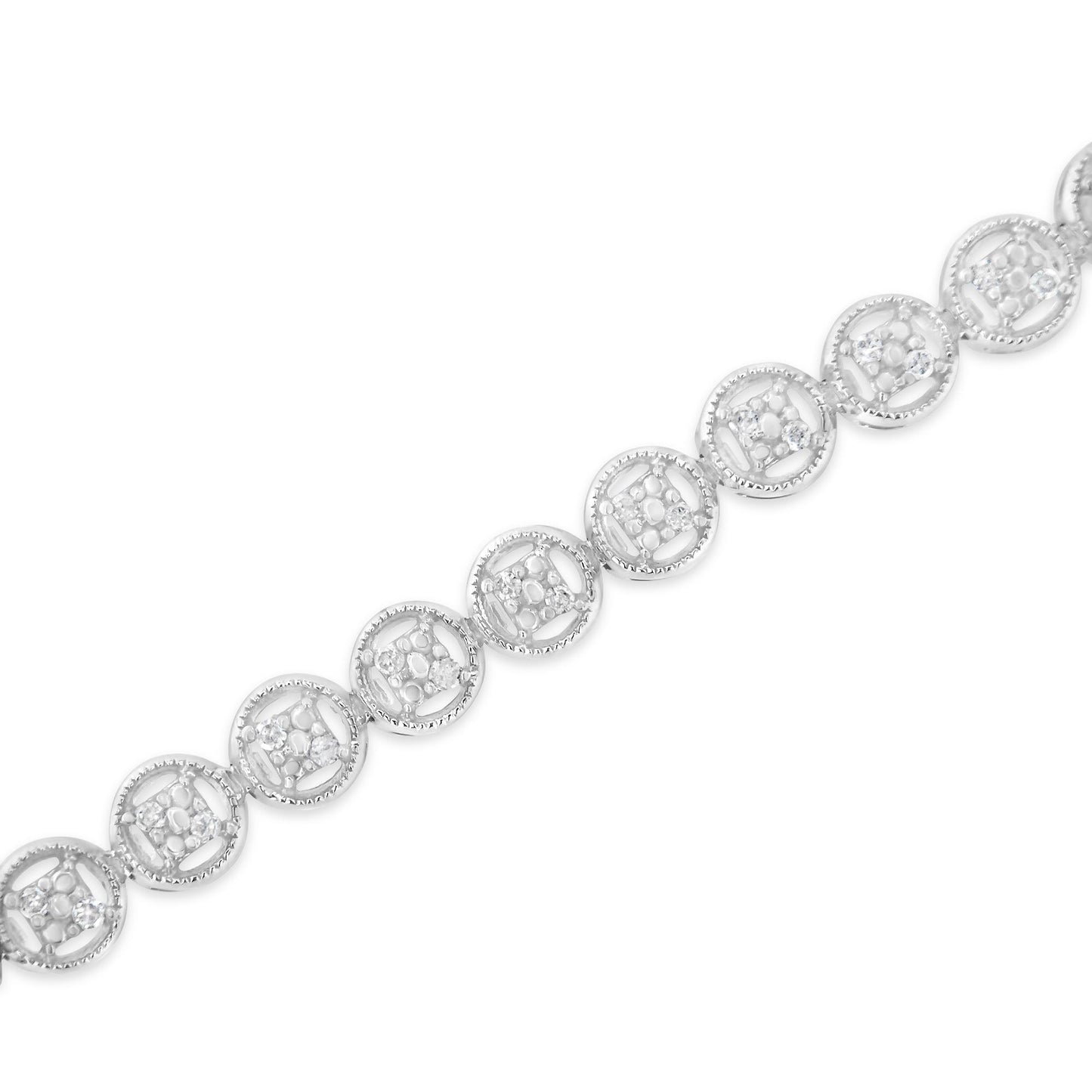 White metal bracelet with round white gemstones in prong settings within circular links, shown in a diagonal close-up angle.