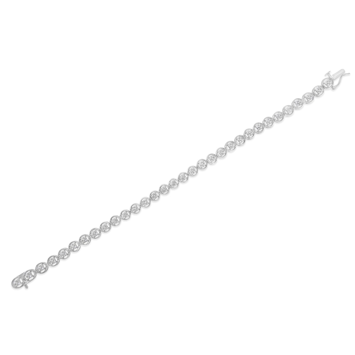 White bracelet with round white gemstones in prong settings, shown flat from a top angle.