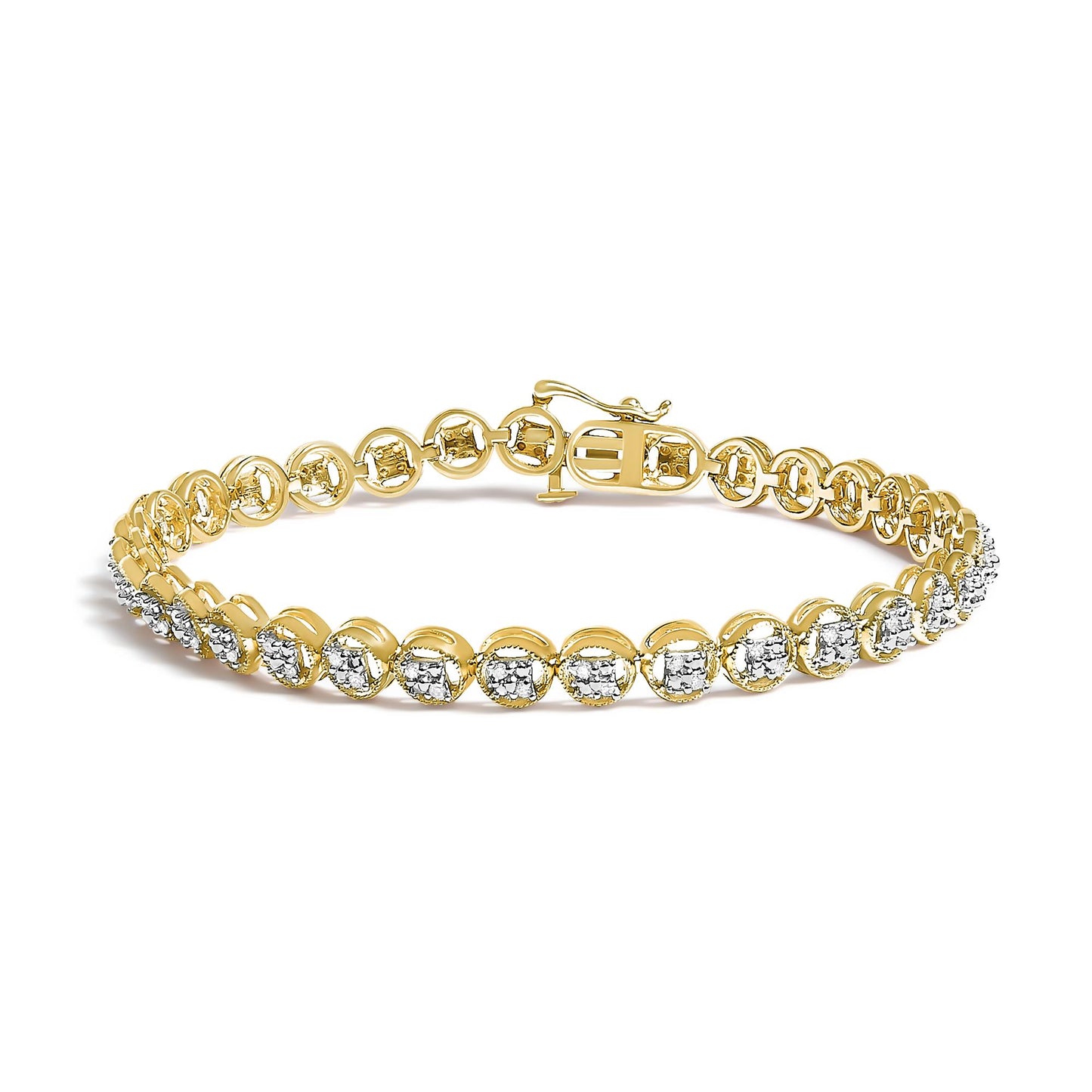 Yellow metal bracelet with round white gemstones in prong settings, shown from a slightly elevated side angle.