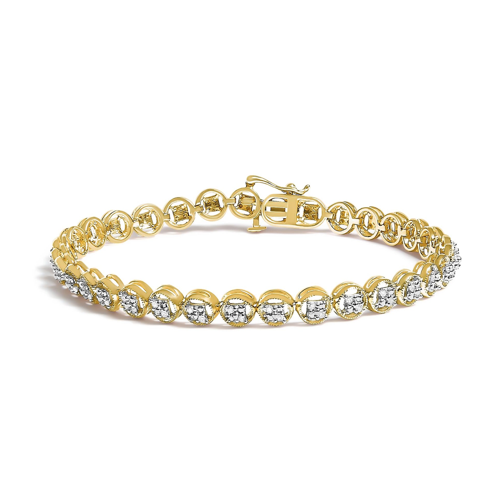Yellow metal bracelet with round white gemstones in prong settings, shown from a slightly elevated side angle.
