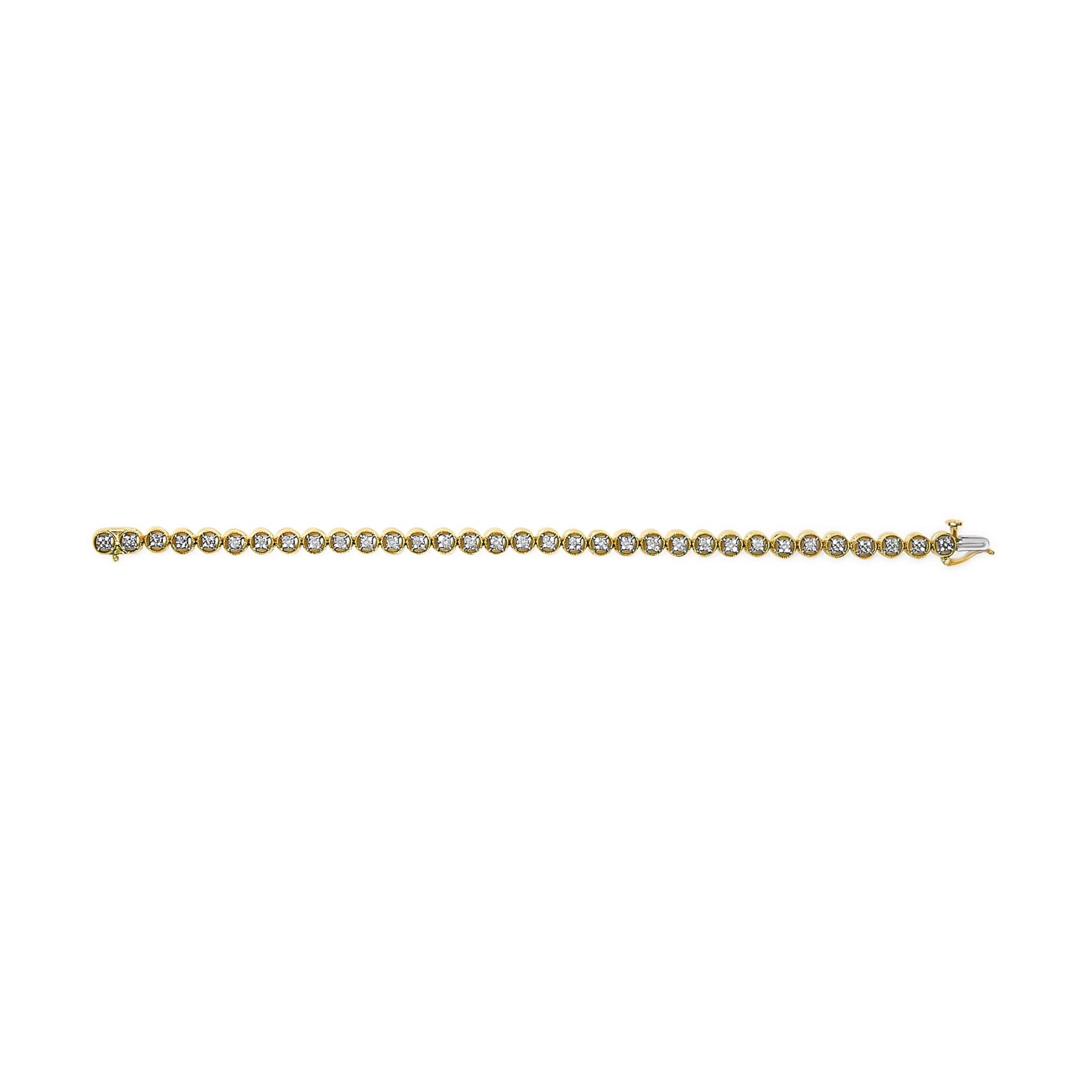 Top-down view of a yellow metal bracelet with round white gemstones in prong settings along its length, shown on a white background.