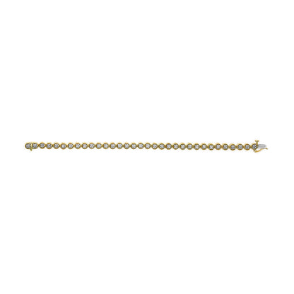 Top-down view of a yellow metal bracelet with round white gemstones in prong settings along its length, shown on a white background.