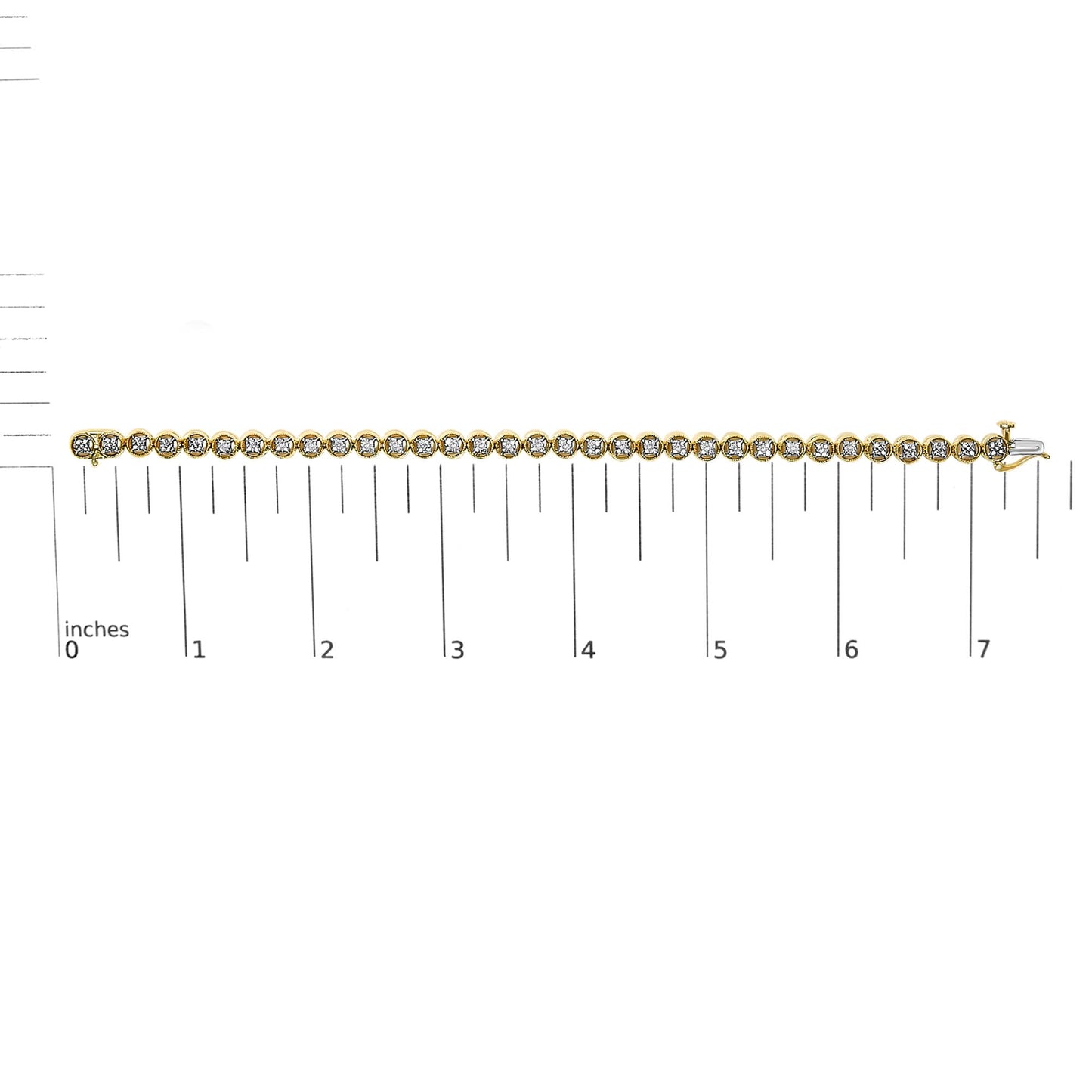 Top view of a yellow metal bracelet with round white gemstones in prong settings, placed on a ruler for size reference.