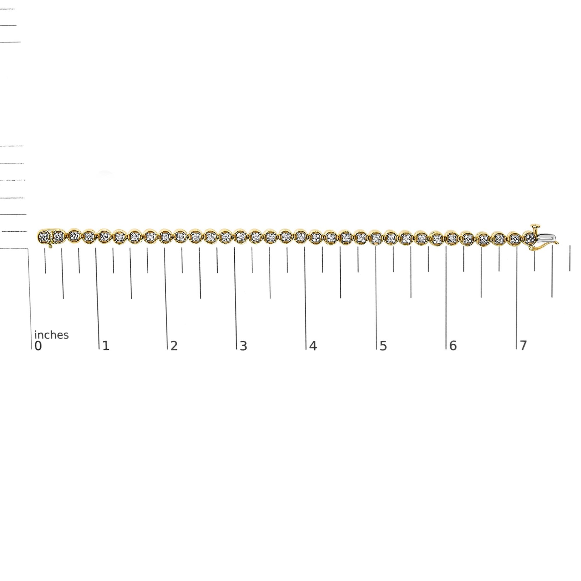 Top view of a yellow metal bracelet with round white gemstones in prong settings, placed on a ruler for size reference.