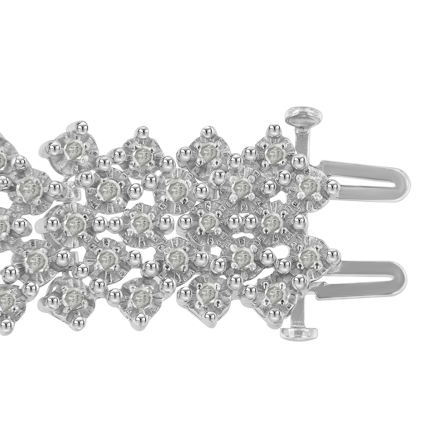 Close-up top view of a white metal bracelet section featuring round white gemstones in prong settings arranged in a detailed, overlapping pattern with a visible clasp mechanism.