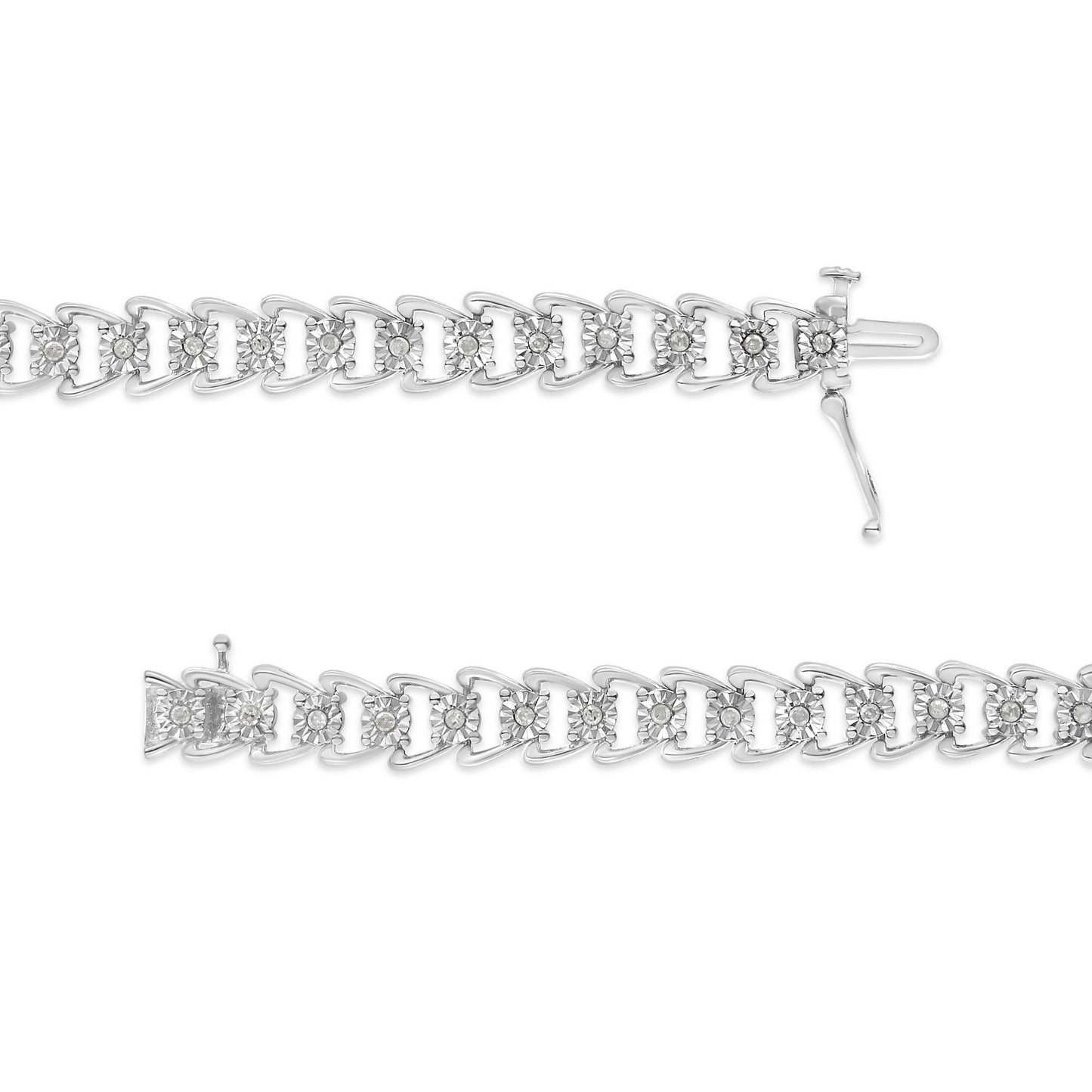 Top view of white metal bracelet featuring linked triangular shapes each set with a round white gemstone in miracle setting, shown fully laid flat.