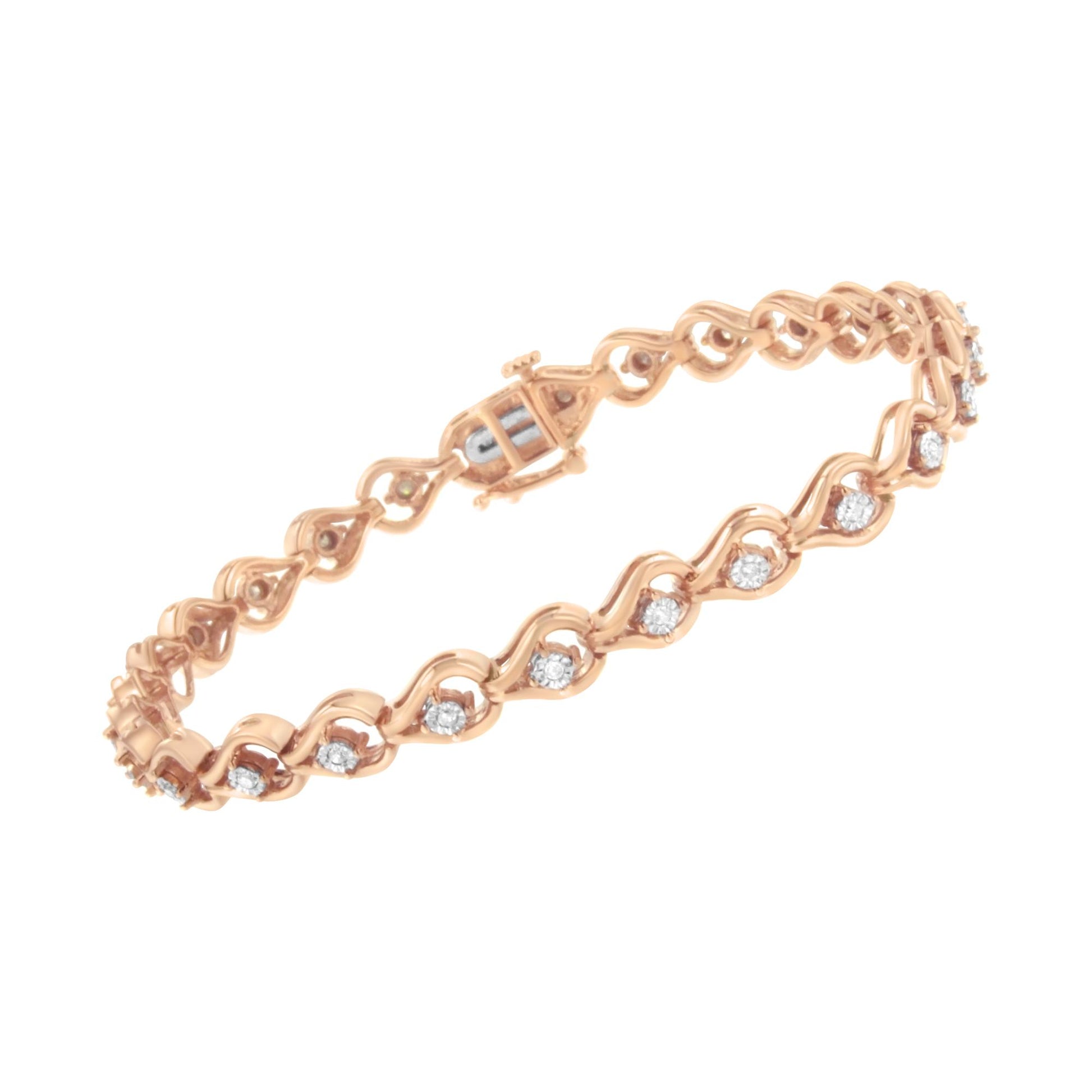 Rose metal bracelet with round white gemstones in a miracle setting, shown at a slight angle.