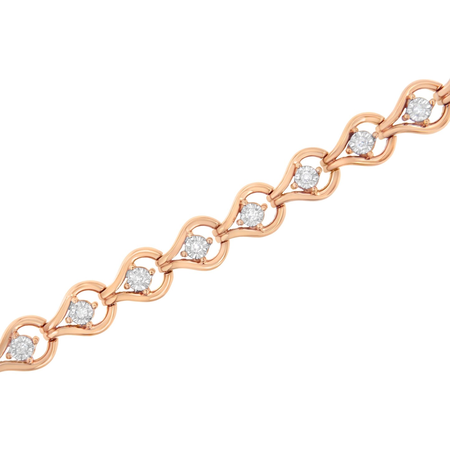 Close-up angled view of a rose metal bracelet featuring round white gemstones in a miracle setting.