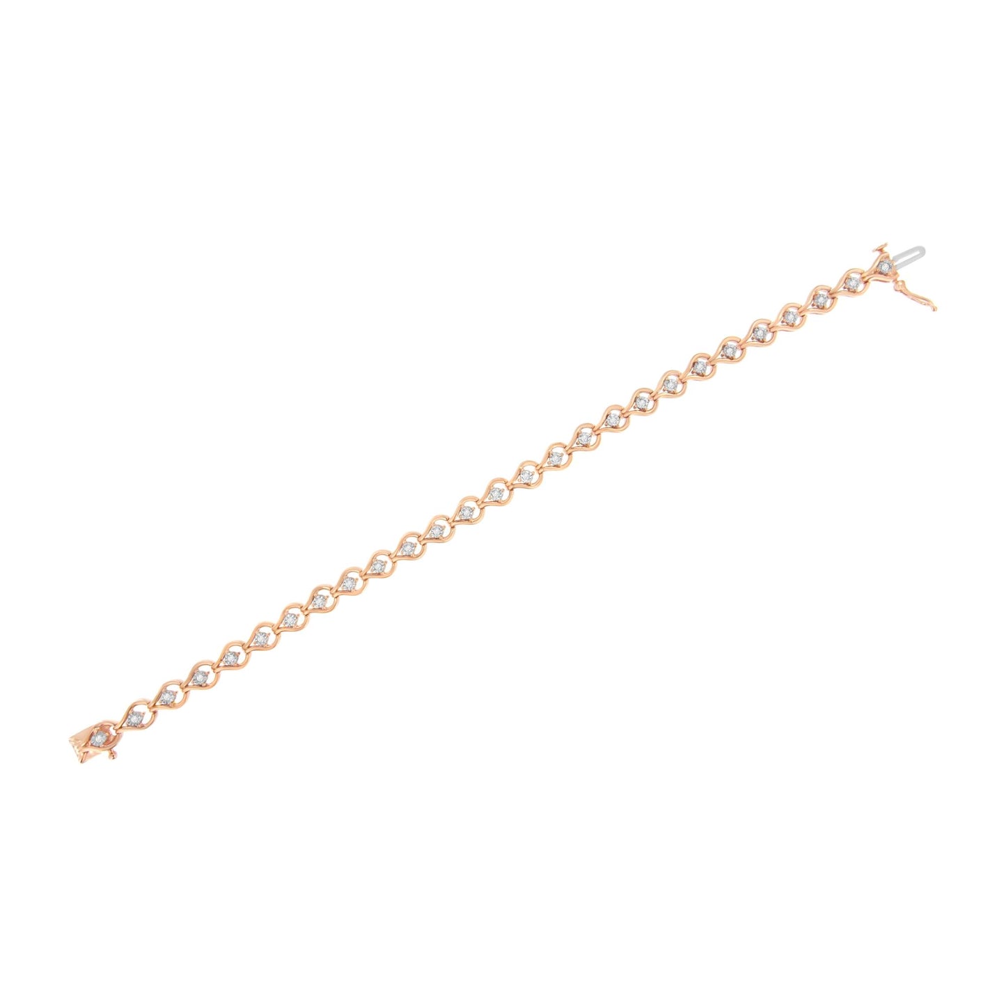 Rose-colored bracelet with round white gemstones in a miracle setting, shown in a flat lay angled view.
