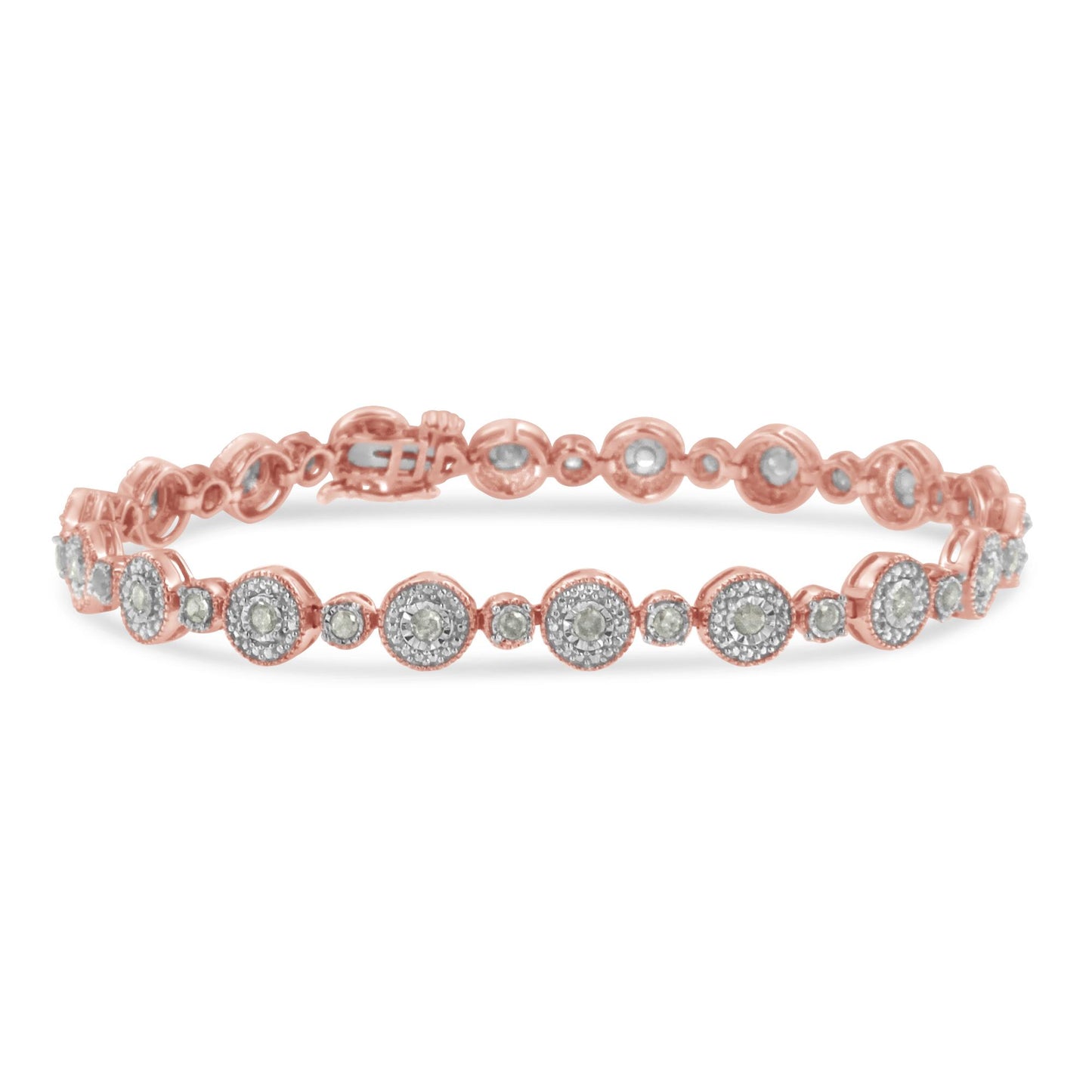 Rose metal bracelet with alternating round settings of white gemstones, shown in a front angled view.