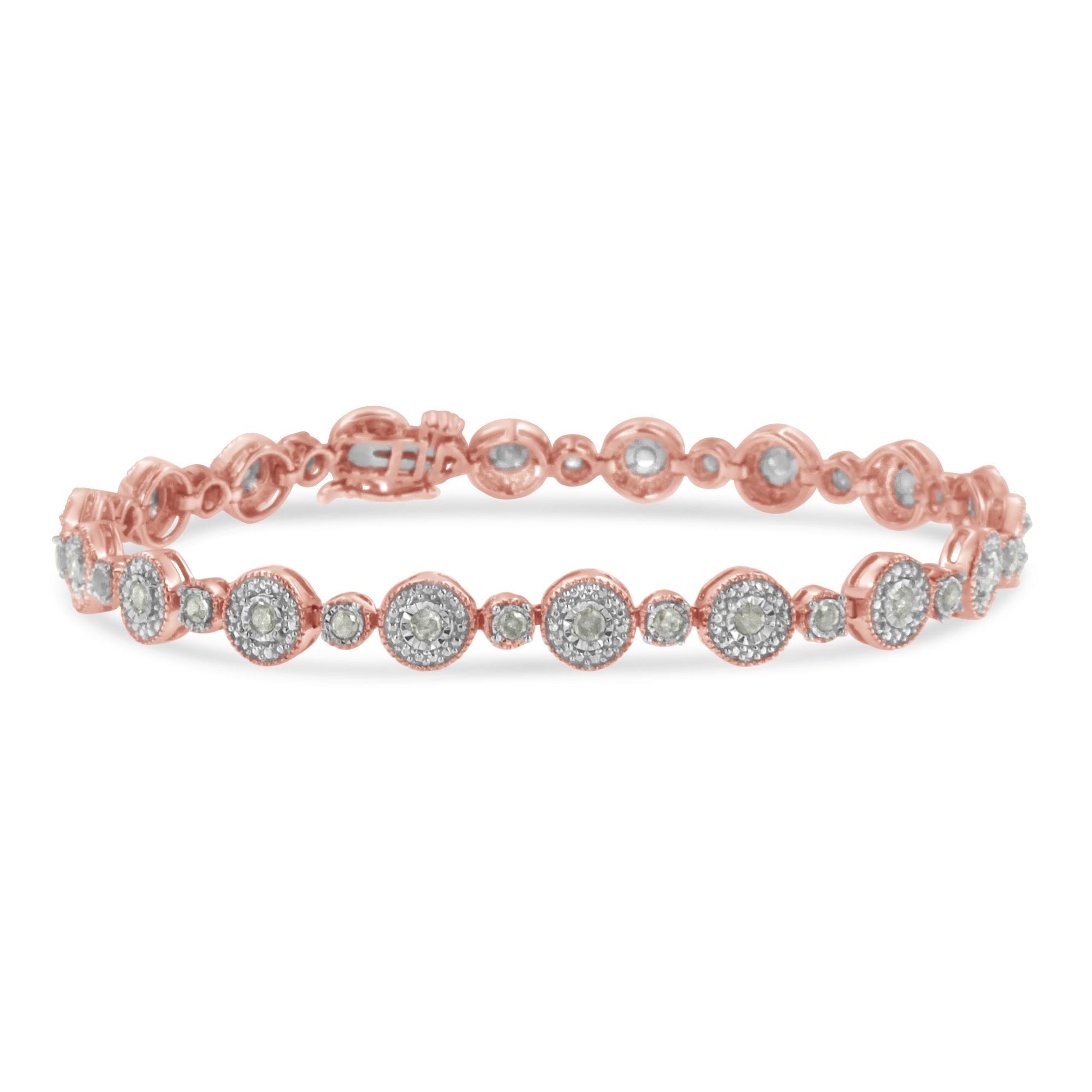 Rose metal bracelet with alternating round settings of white gemstones, shown in a front angled view.