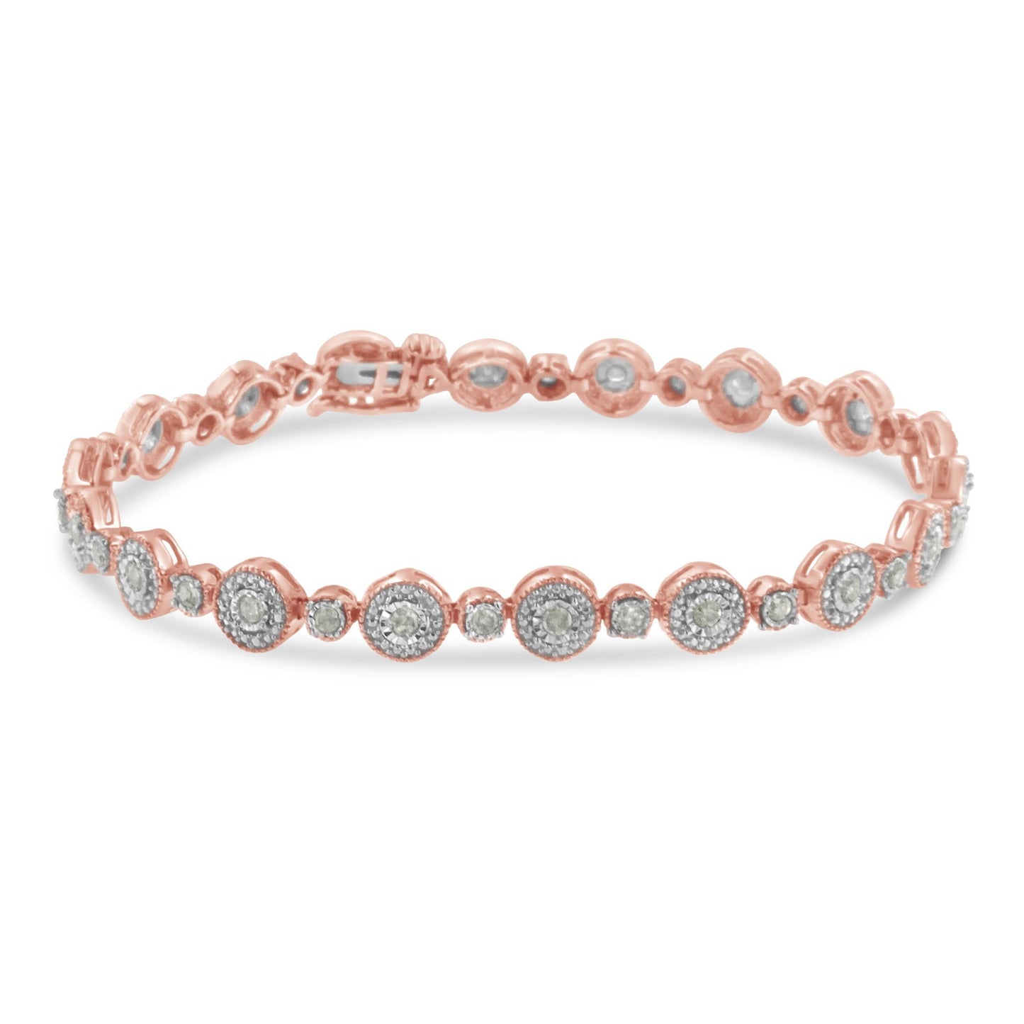 Rose-colored bracelet with alternating round and smaller circular settings, each holding white gemstones, shown in a front-facing angle.