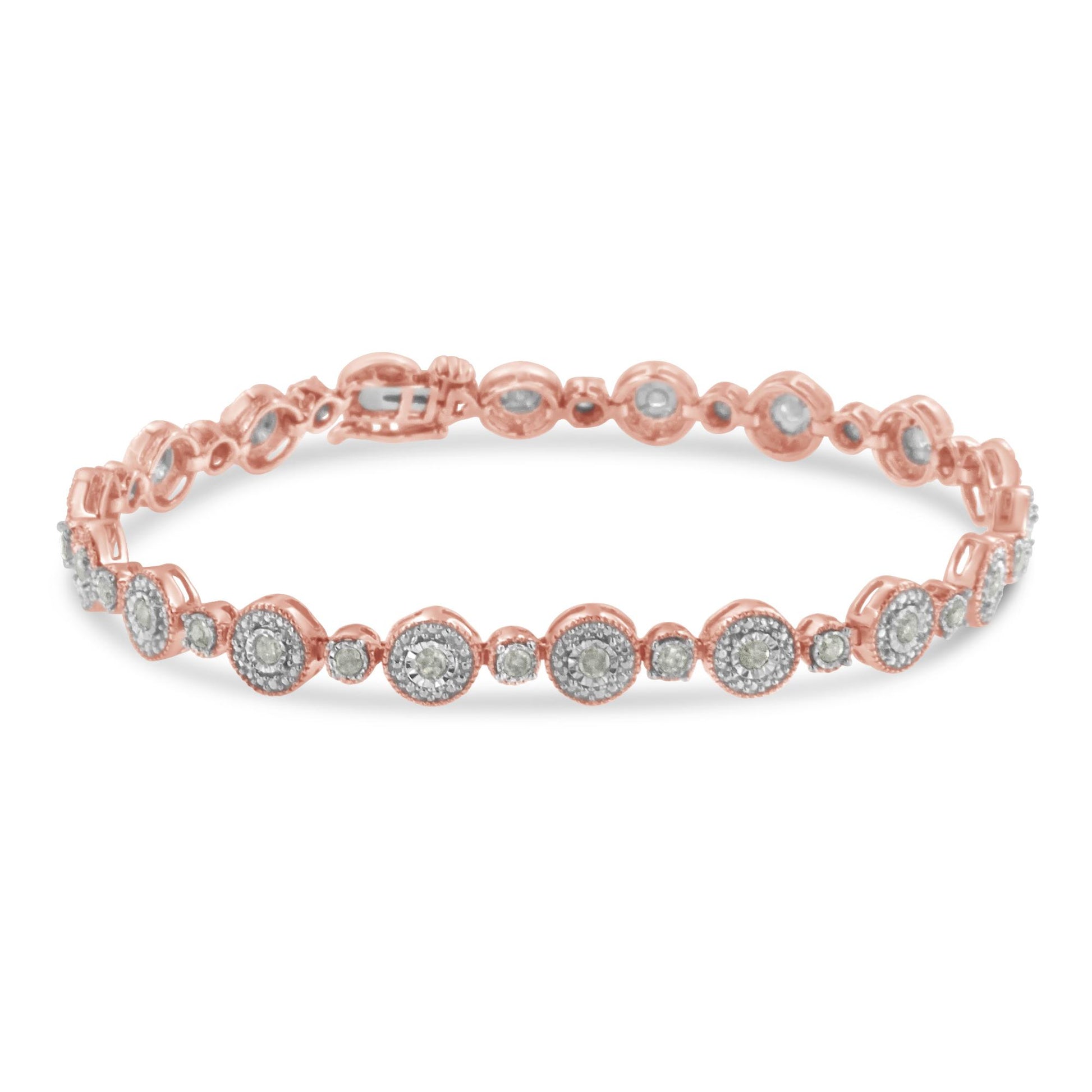 Rose-colored bracelet with alternating round and smaller circular settings, each holding white gemstones, shown in a front-facing angle.
