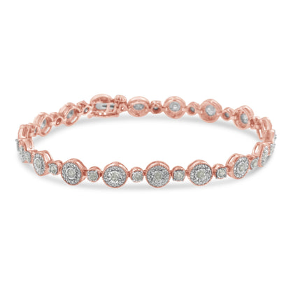 Rose-colored bracelet with alternating round and smaller circular settings, each holding white gemstones, shown in a front-facing angle.