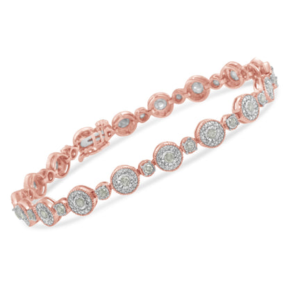 Rose metal bracelet with round white gemstones in a miracle setting, shown at a tilted angle.