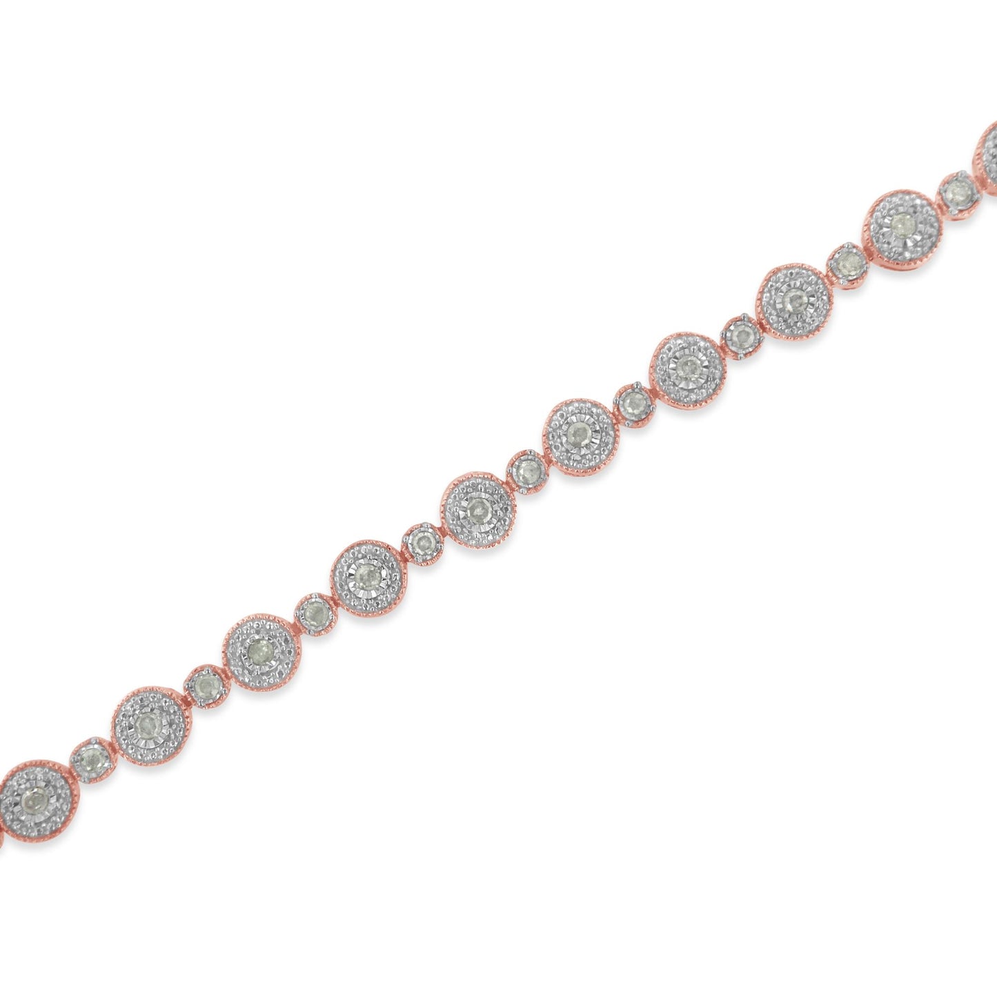 Diagonal close-up of a rose metal bracelet with alternating round and smaller round white gemstones in miracle settings.