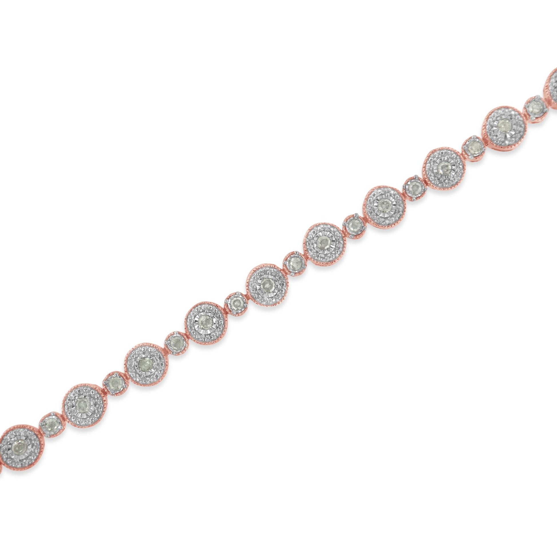 Diagonal close-up of a rose metal bracelet with alternating round and smaller round white gemstones in miracle settings.