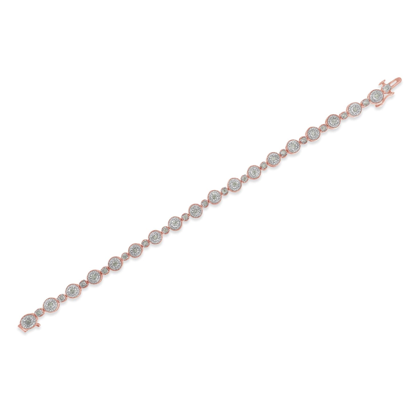 Rose-colored bracelet with round white gemstones in a miracle setting, shown flat at a diagonal angle.