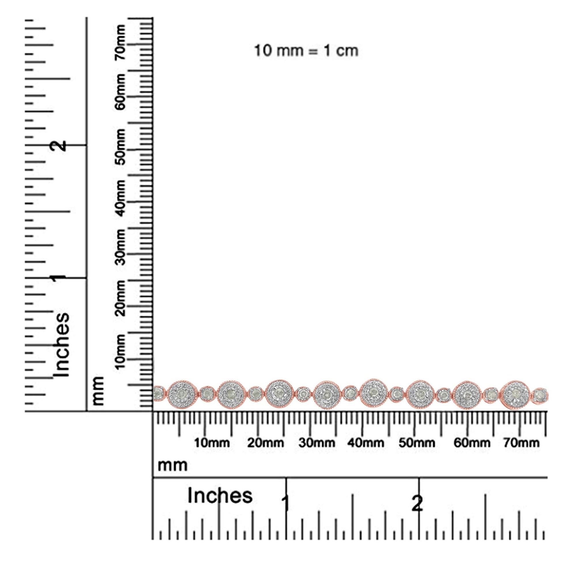 Rose metal bracelet with round white gemstones in miracle settings, shown flat on a ruler for size reference, top-down angle.