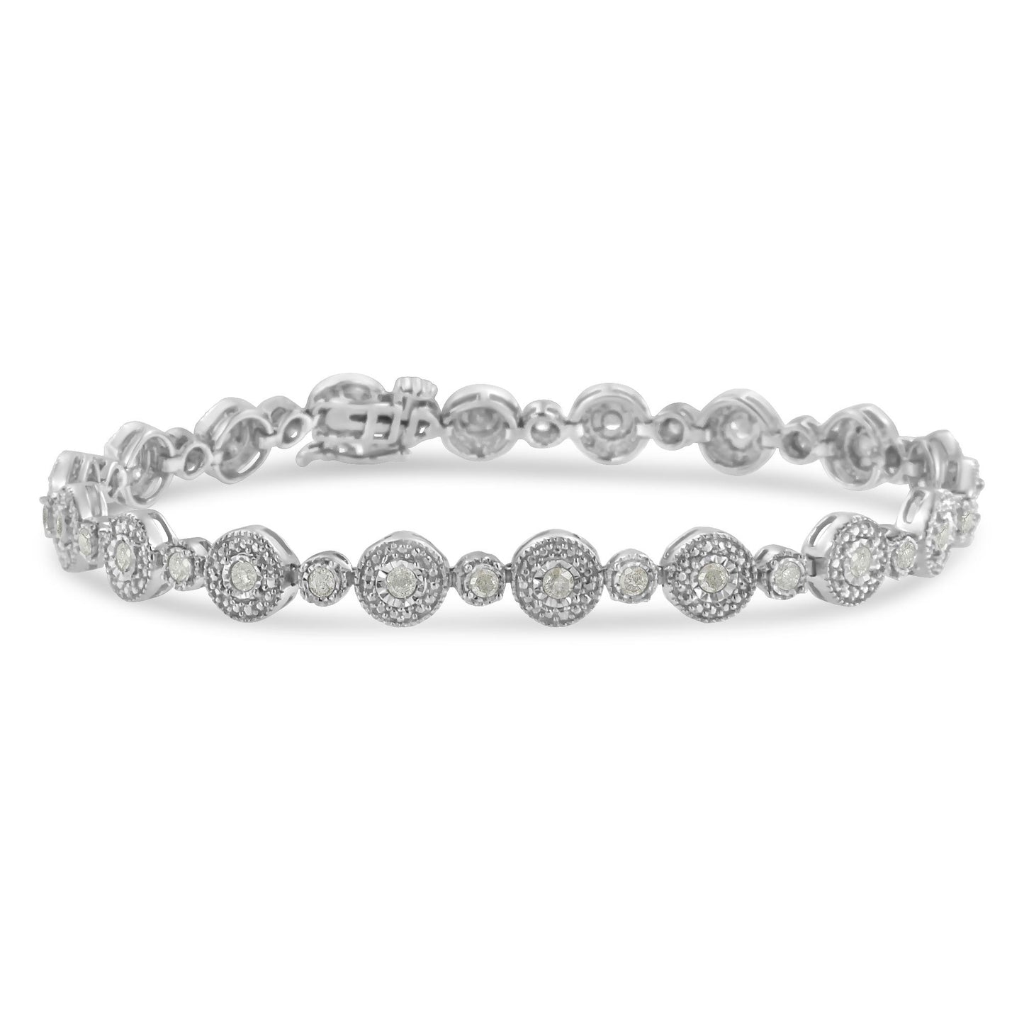 White metal bracelet with alternating small and larger round settings, each featuring white gemstones, shot at a slight top-front angle.