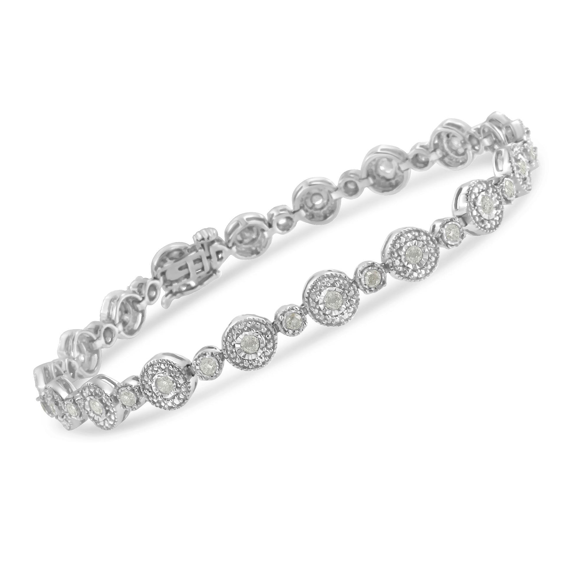 White metal bracelet with round white gemstones in a miracle setting, shown at a slight angle.