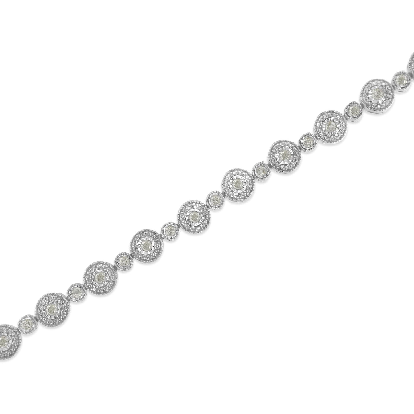 Diagonal close-up of a white metal bracelet featuring round white gemstones in a miracle setting with alternating larger and smaller circular links.