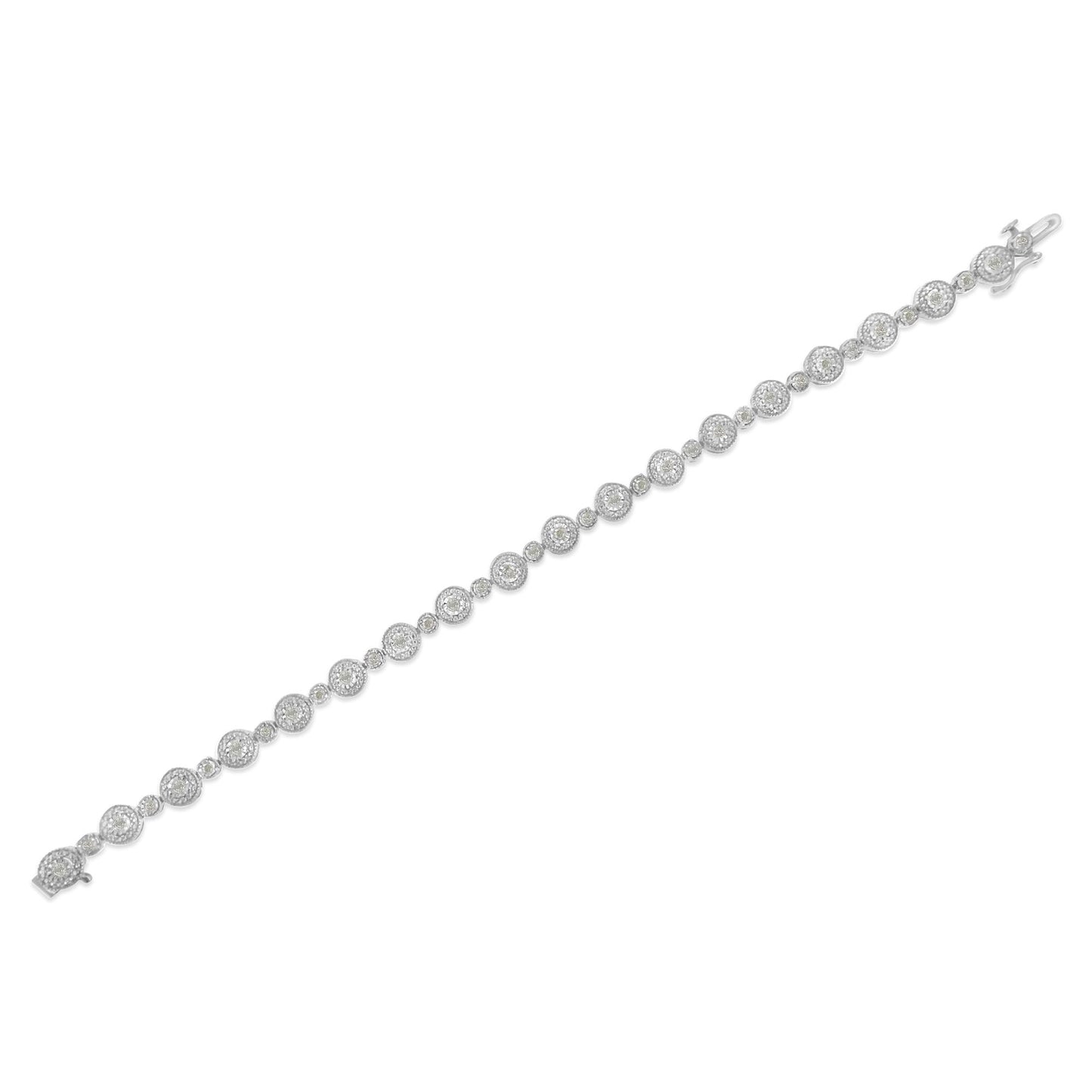 White metal bracelet with alternating small and larger round white gemstones in a miracle setting, shown flat on a white background from a top-down angle.