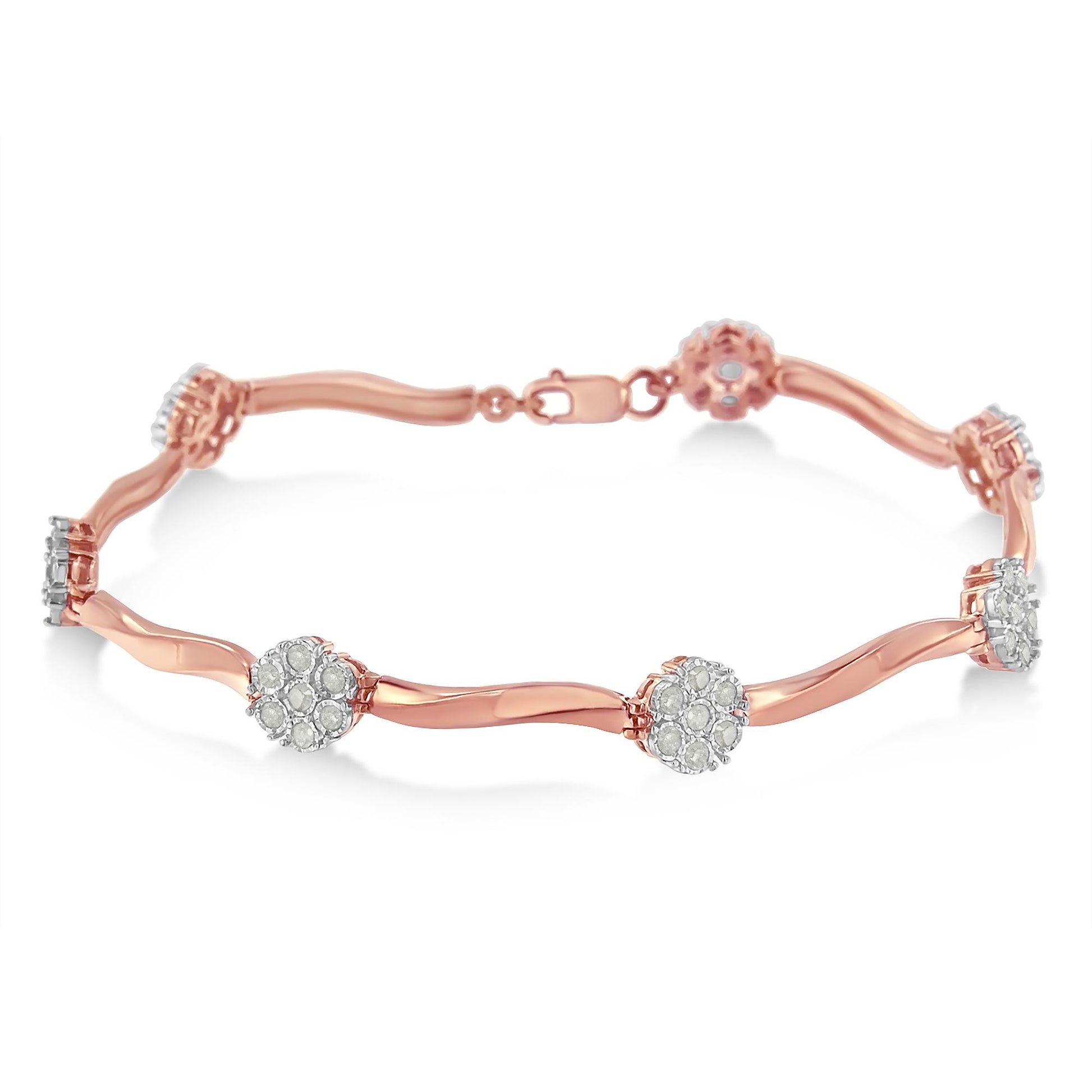 Rose metal bracelet with round white gemstones in prong settings forming floral clusters, shown from a slightly elevated angle on a white background.