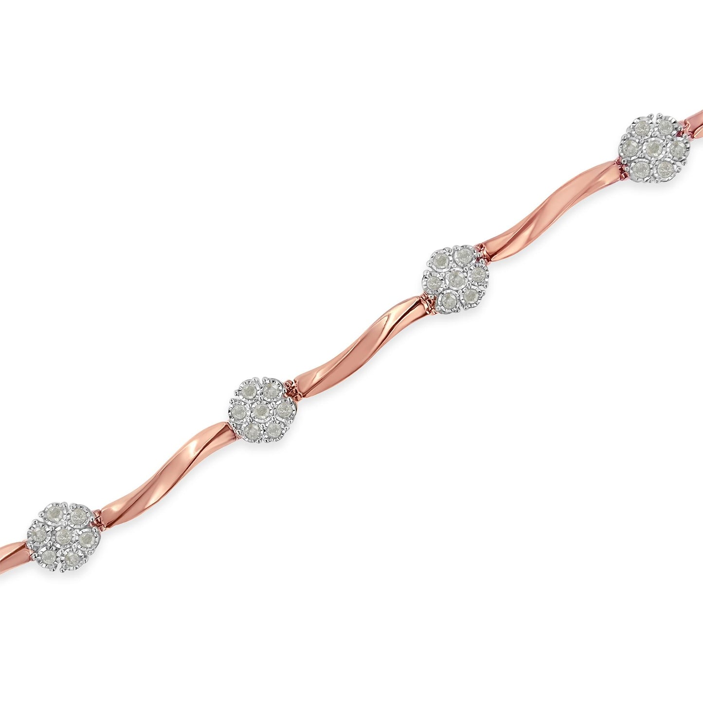 Rose metal bracelet with curved links and clusters of white round gemstones in prong settings, shown at a diagonal angle.
