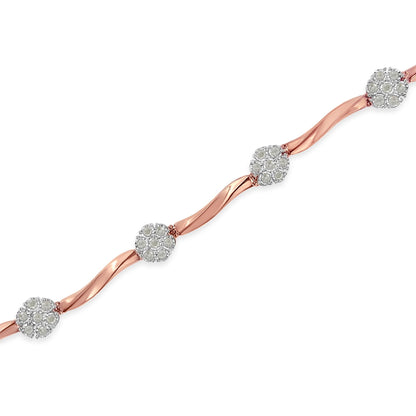 Rose metal bracelet with curved links and clusters of white round gemstones in prong settings, shown at a diagonal angle.