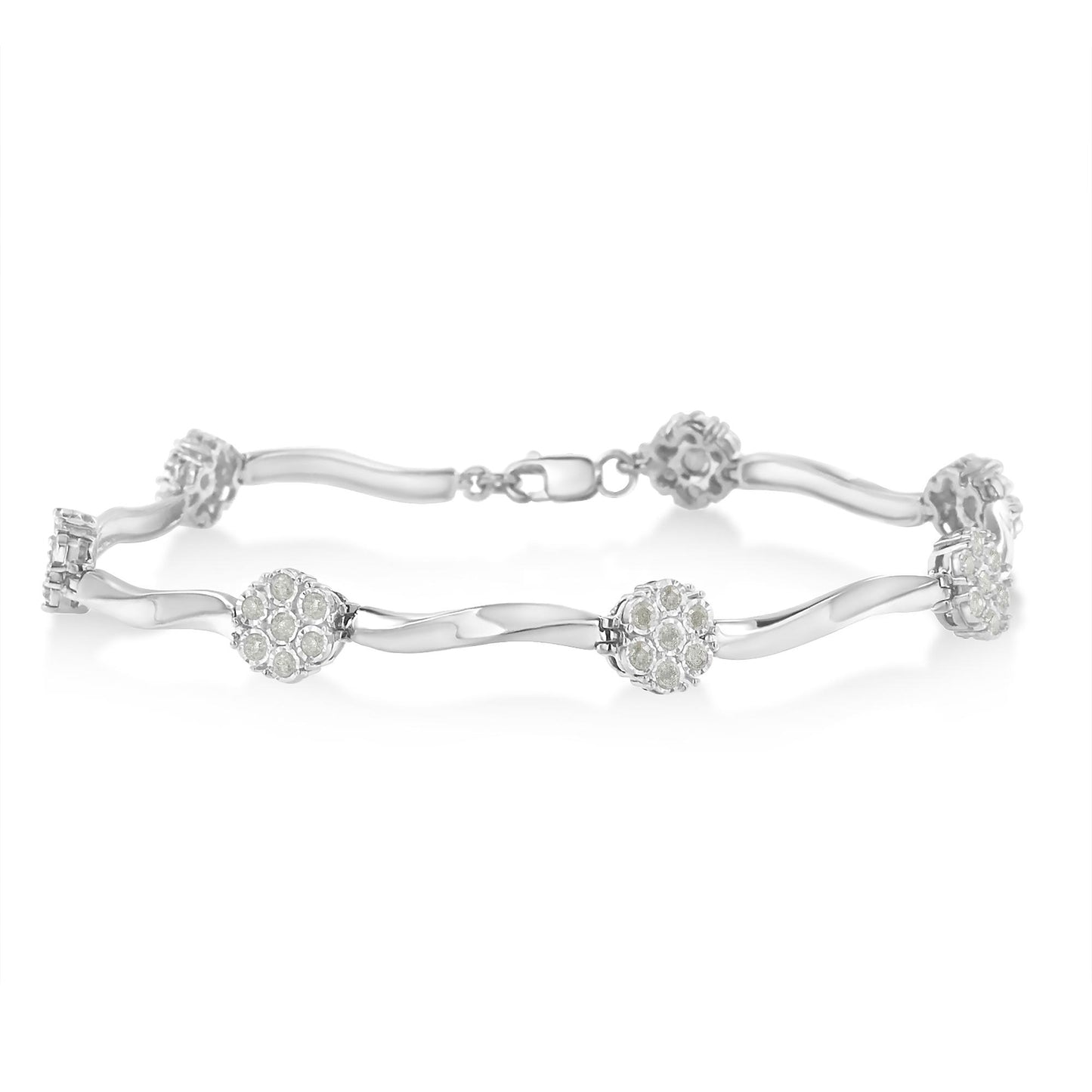 White metal bracelet with round white gemstones in miracle settings, displayed in a horizontal side view.