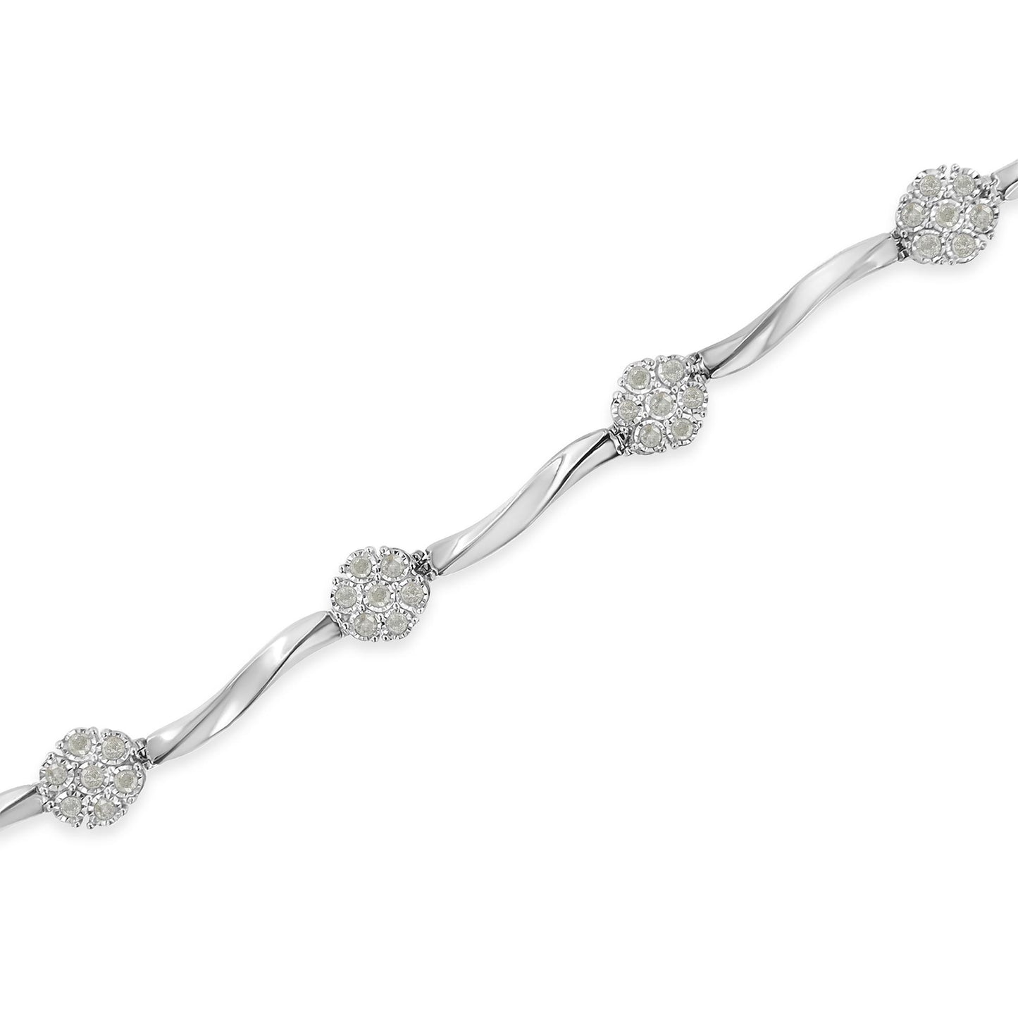 White metal bracelet with twisted links and clusters of round white gemstones in miracle setting, shown from a top-down angle.