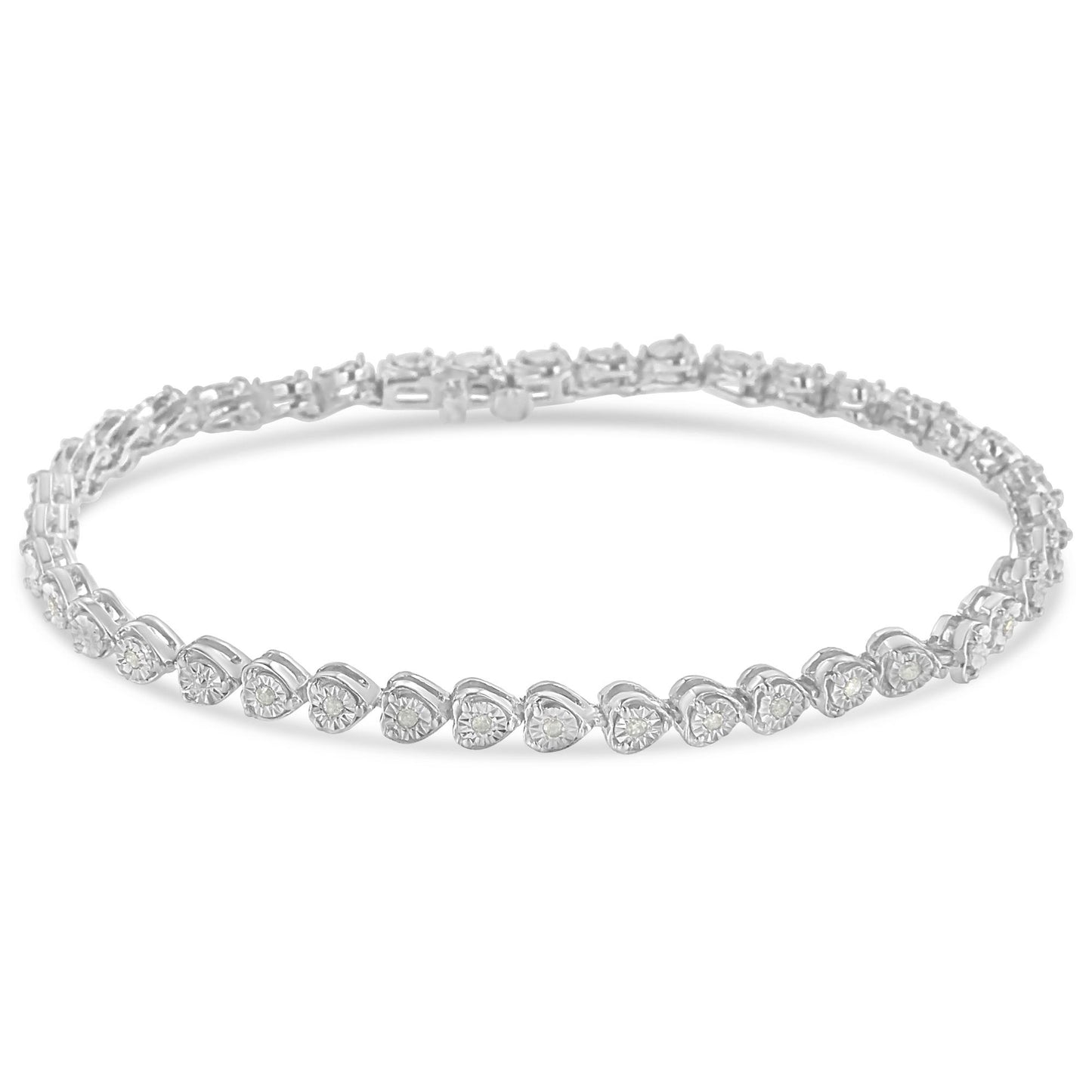 Front angle of a white bracelet featuring heart-shaped links each set with a round white gemstone in a miracle setting.