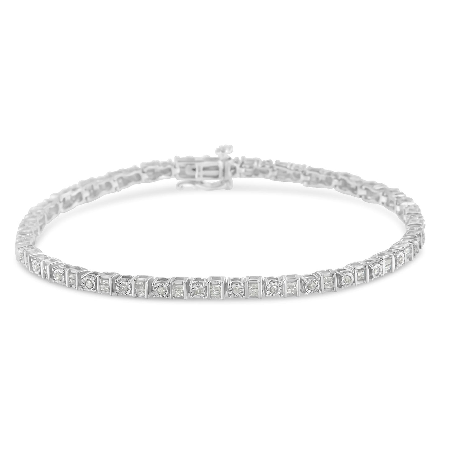 White metal bracelet photographed from a front angle, featuring alternating round and baguette-shaped white gemstones in channel and miracle settings.
