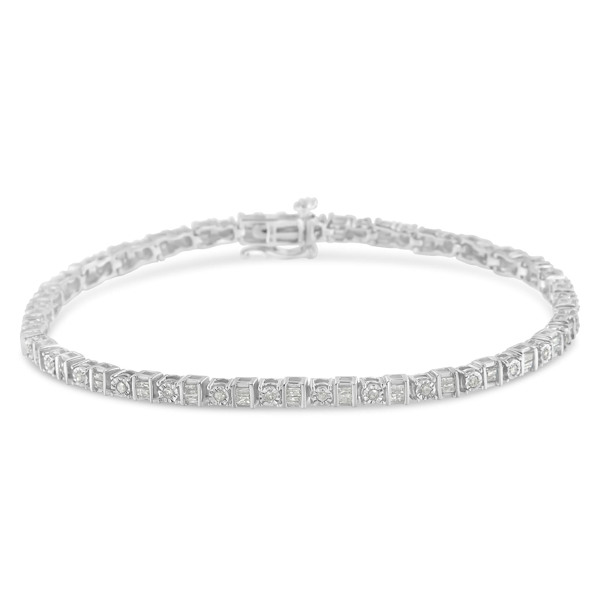 White metal bracelet photographed from a front angle, featuring alternating round and baguette-shaped white gemstones in channel and miracle settings.