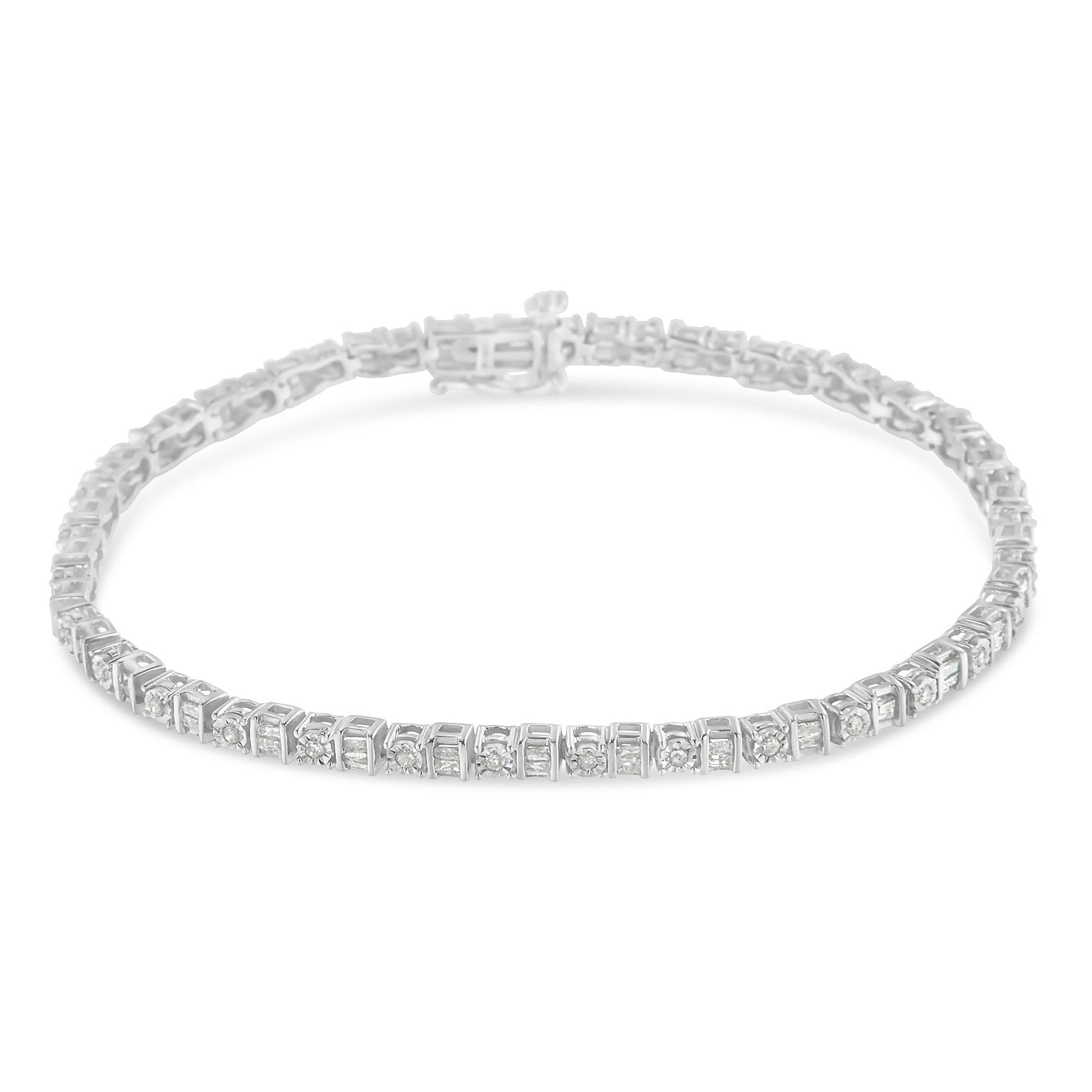 White metal bracelet with alternating baguette and round white gemstones in channel and miracle settings, front angled view.