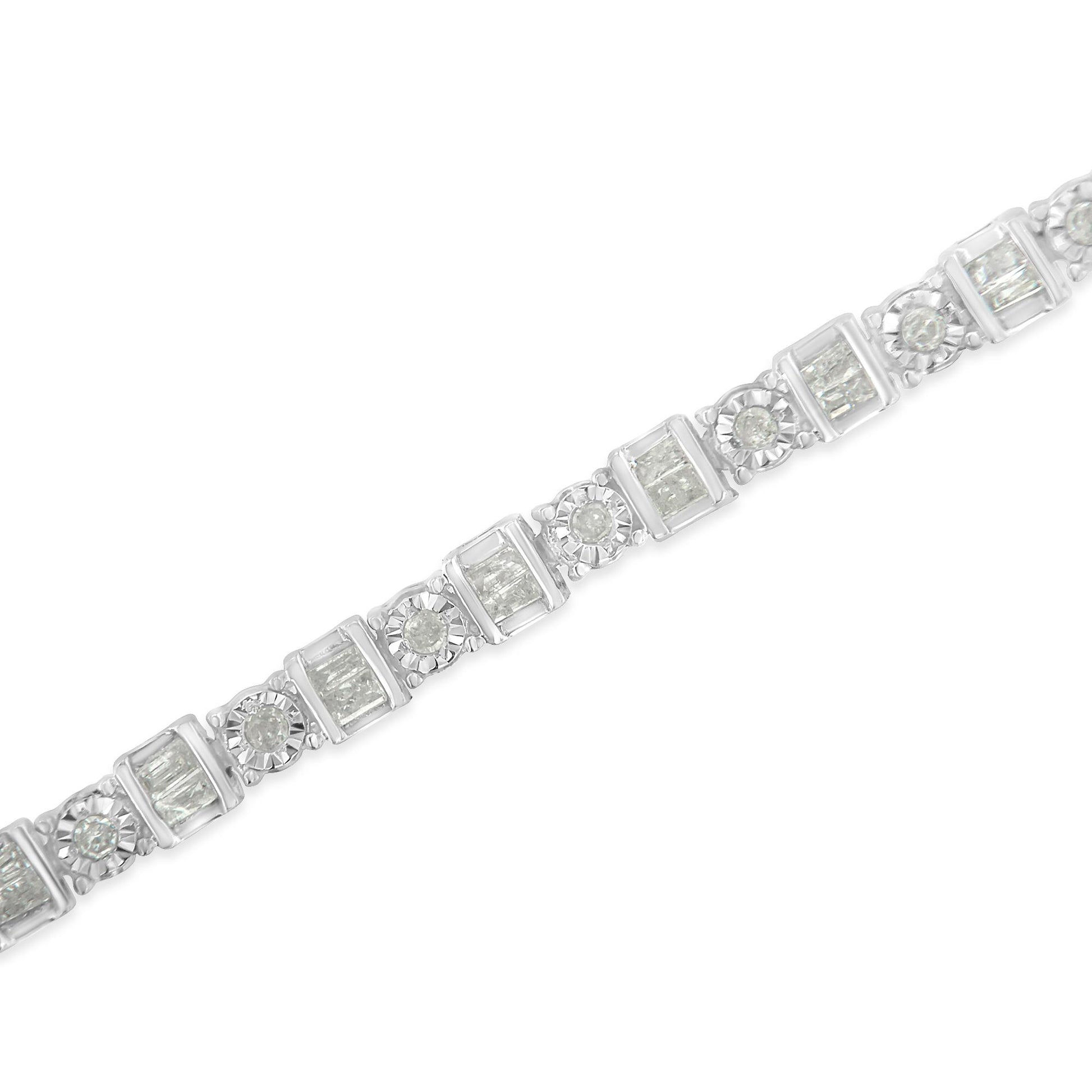 Diagonal close-up of a white bracelet featuring alternating channel-set baguette-shaped and round gemstones with miracle settings on a white background.