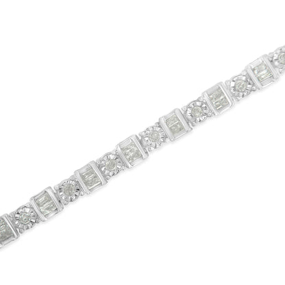 Diagonal close-up of a white bracelet featuring alternating channel-set baguette-shaped and round gemstones with miracle settings on a white background.