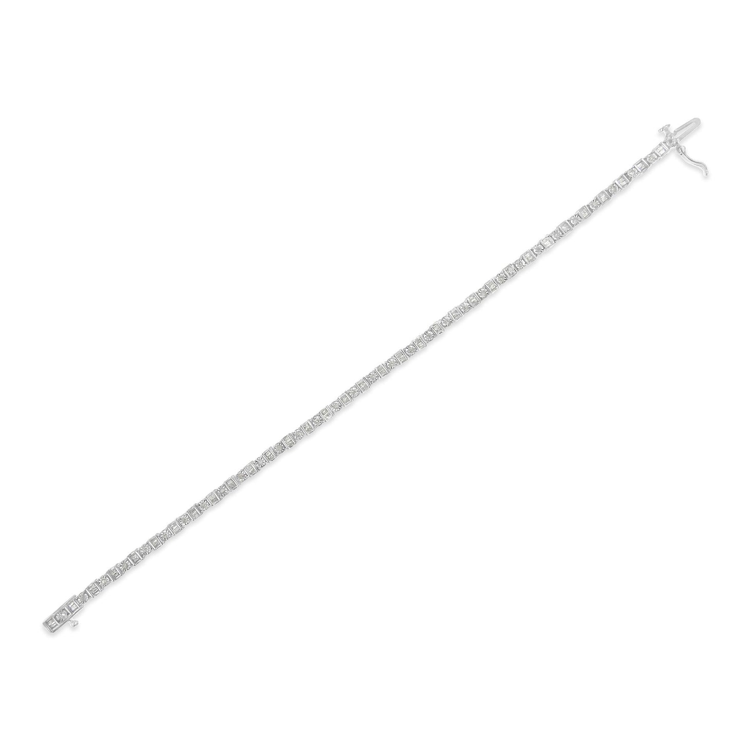 White metal bracelet with alternating baguette-shaped gemstones in channel settings and round-shaped gemstones in miracle settings, shown in a diagonal top-down view.