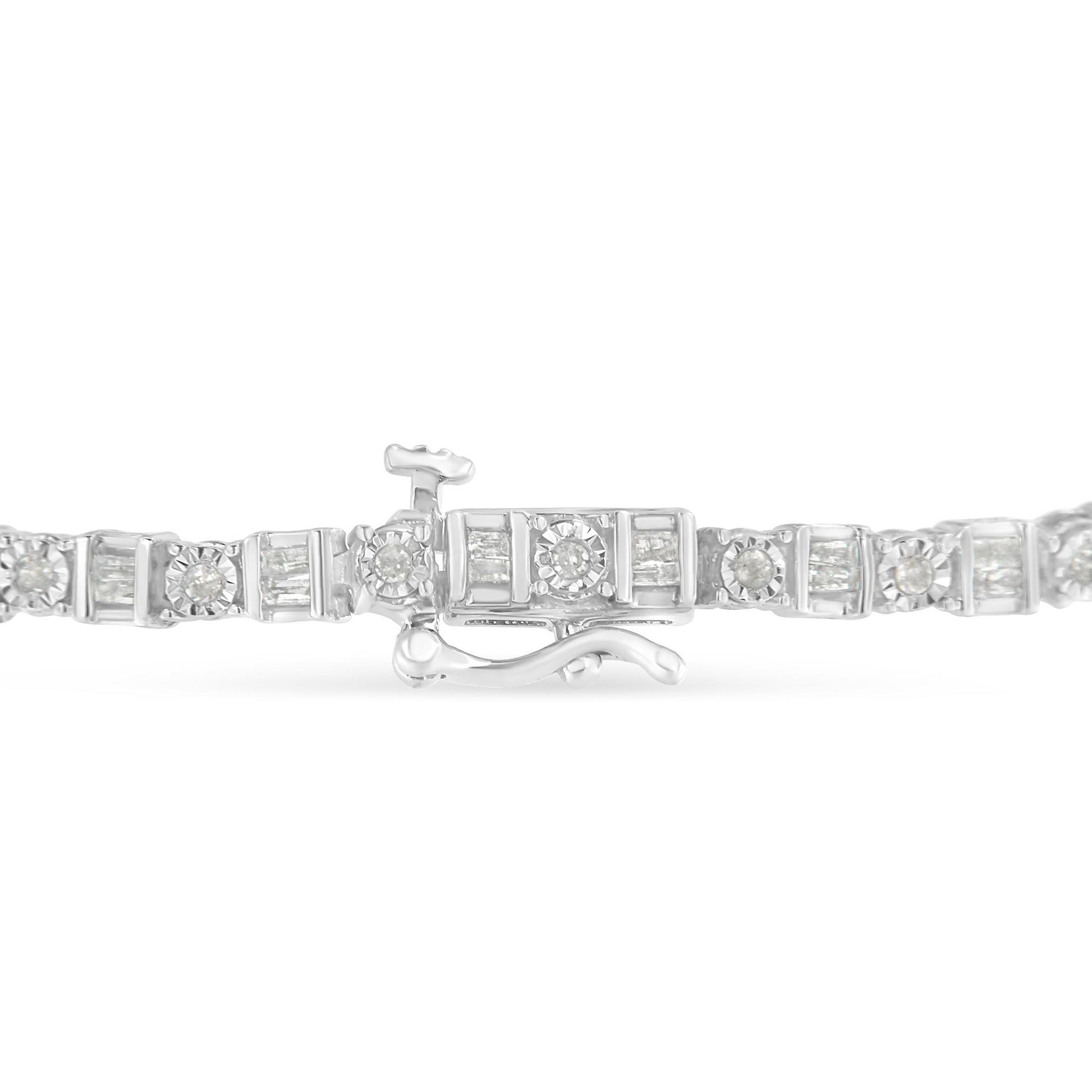 Close-up of a white metal bracelet shown from the side angle, featuring alternating channel-set baguette-shaped white gemstones and round-shaped white gemstones in a miracle setting, with a visible clasp.