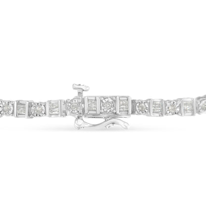Close-up of a white metal bracelet shown from the side angle, featuring alternating channel-set baguette-shaped white gemstones and round-shaped white gemstones in a miracle setting, with a visible clasp.