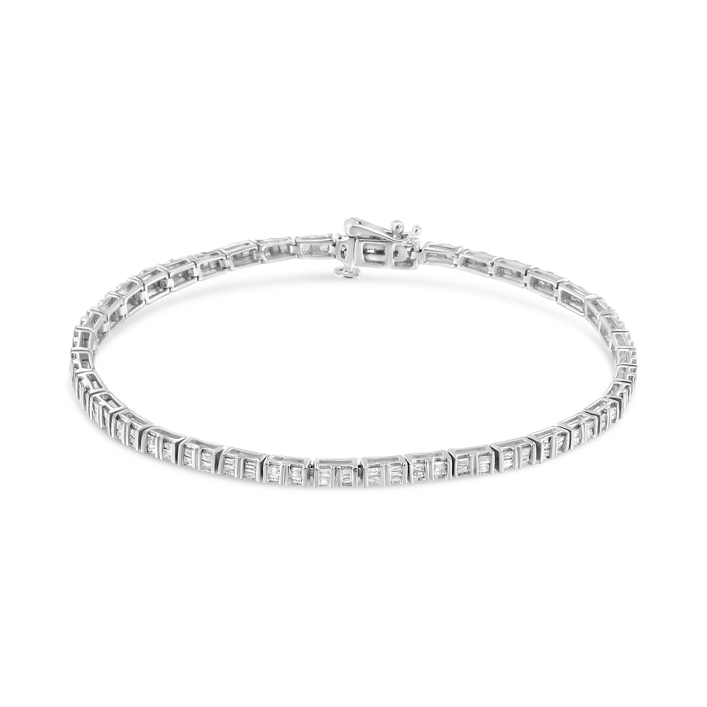 White metal bracelet with baguette-shaped white gemstones in a channel setting, shown from a slightly elevated angle.