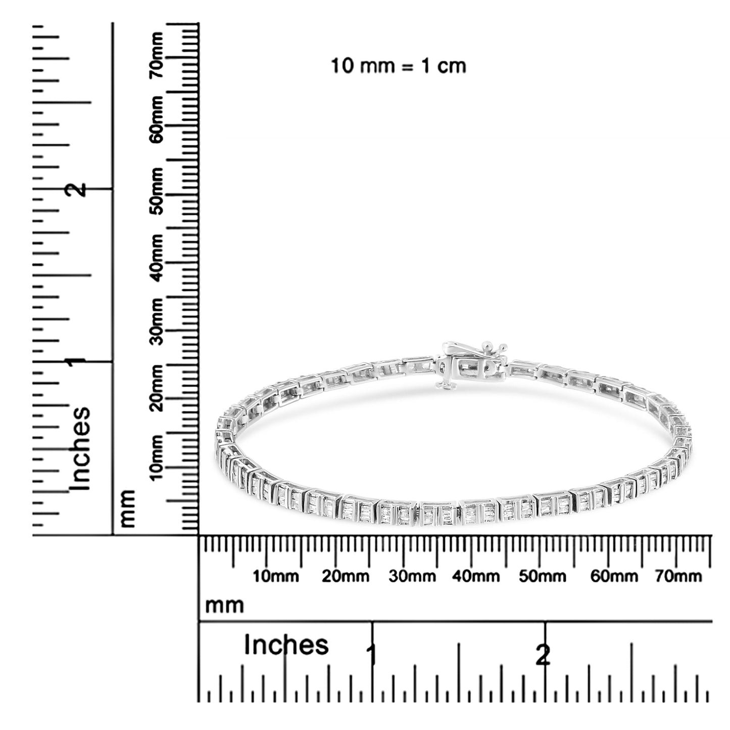 White metal bracelet with rectangular links set with white baguette-shaped gemstones in a channel setting, displayed flat on a ruler for size reference, front angled view.