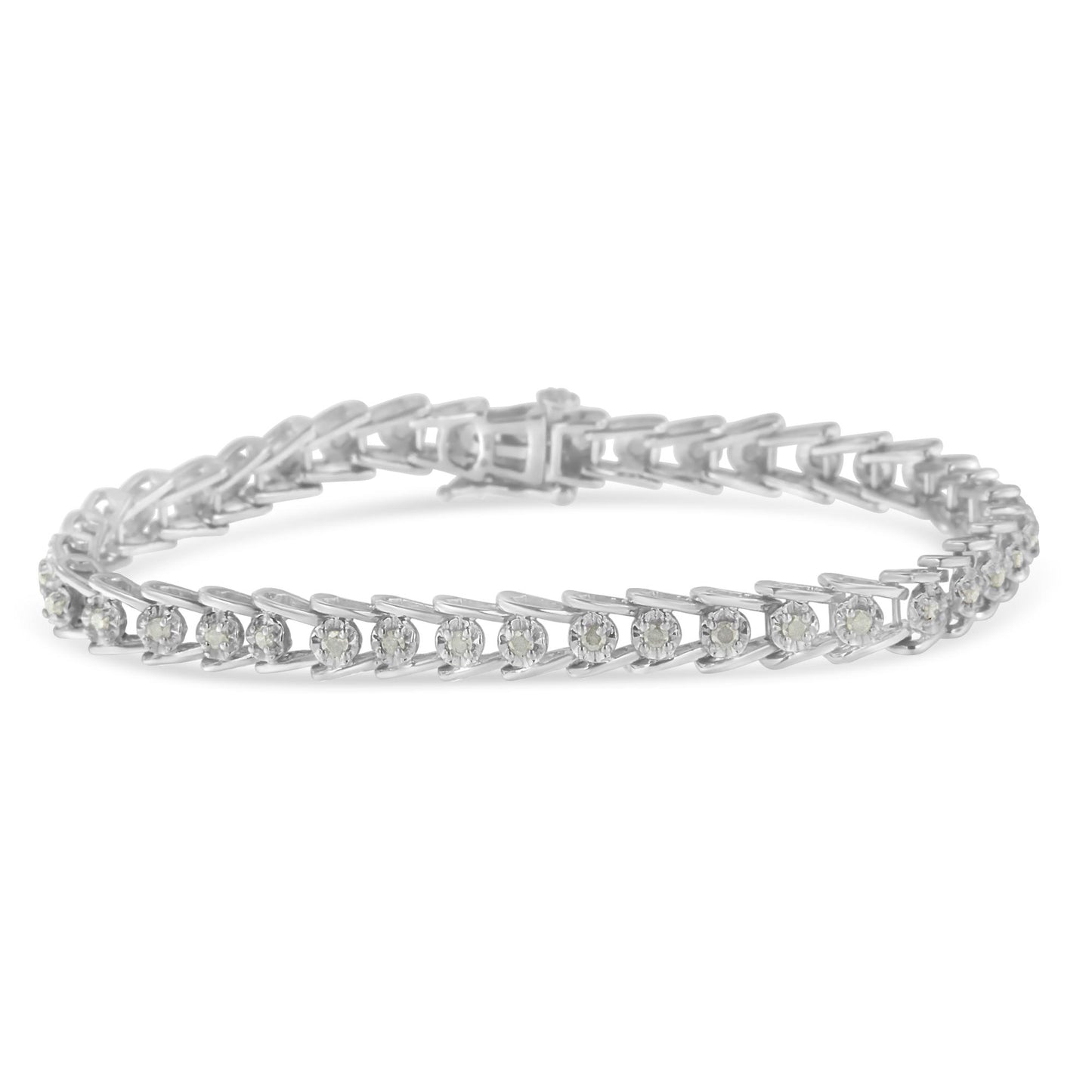 White metal bracelet with round white gemstones in prong settings, shown in a close-up side angle.