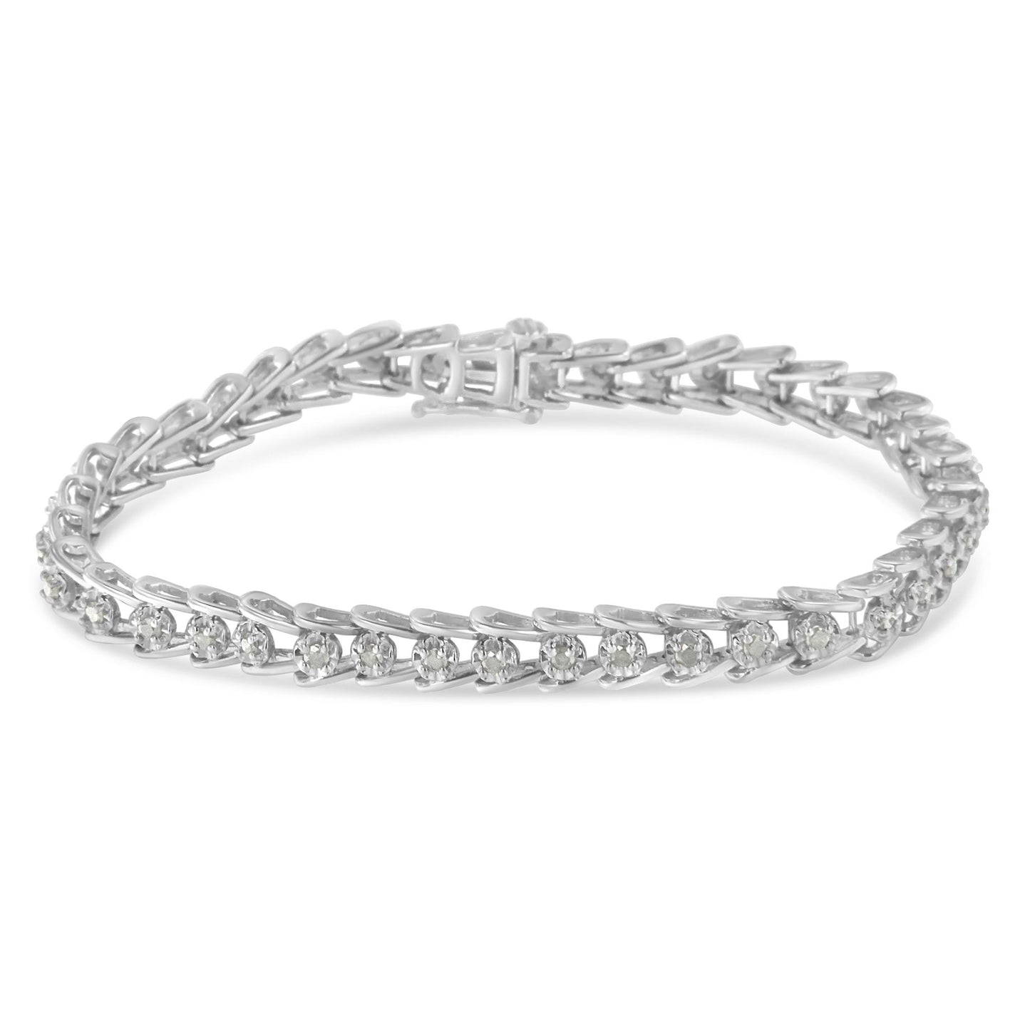 White metal bracelet with round white gemstones set in prongs, shown in a front angle view.